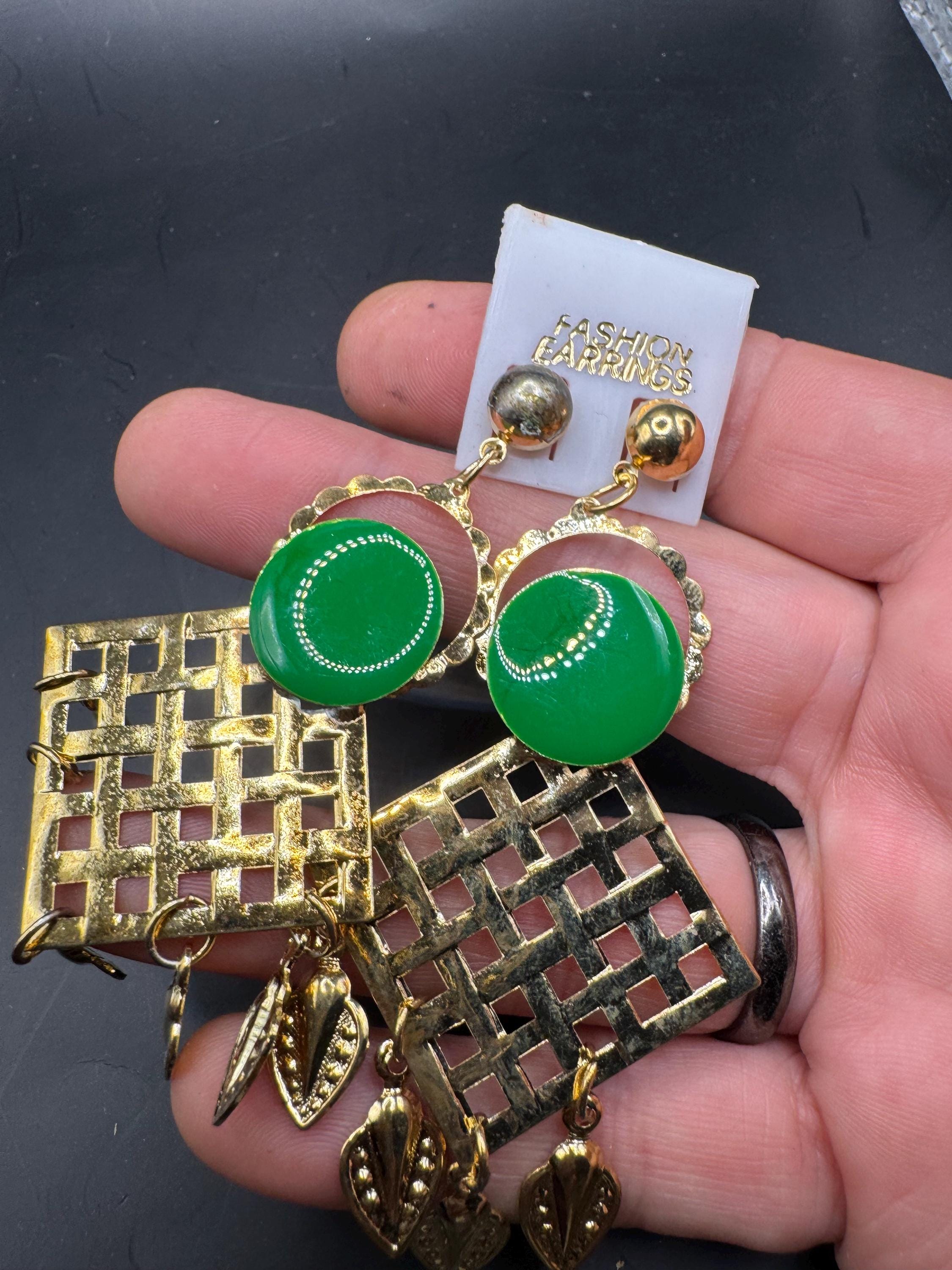 Retro 80s Oversized Drop Earrings, Embossed Metal, Deadstock