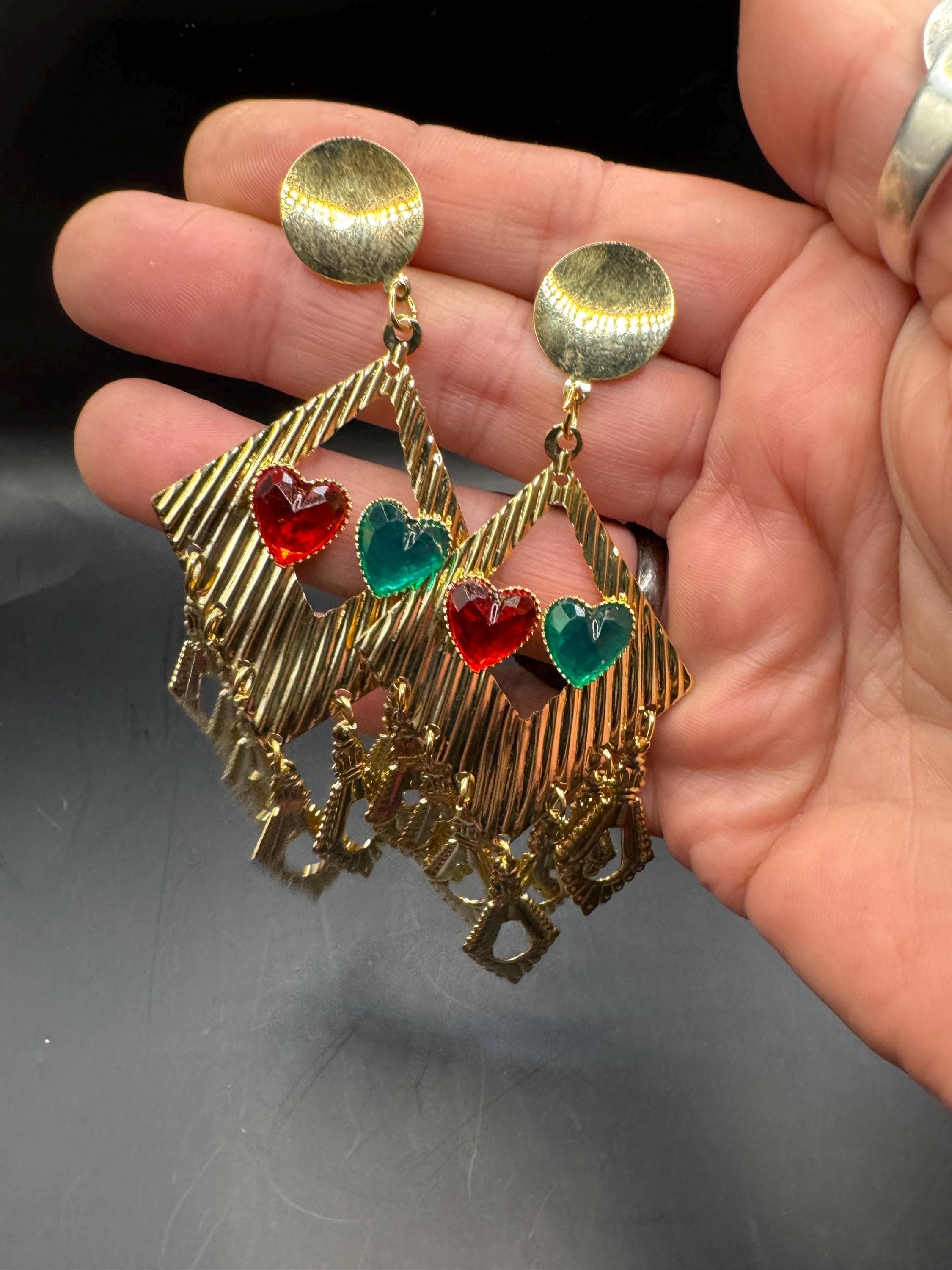 80s Oversized Heart Dangle Earrings, Deadstock