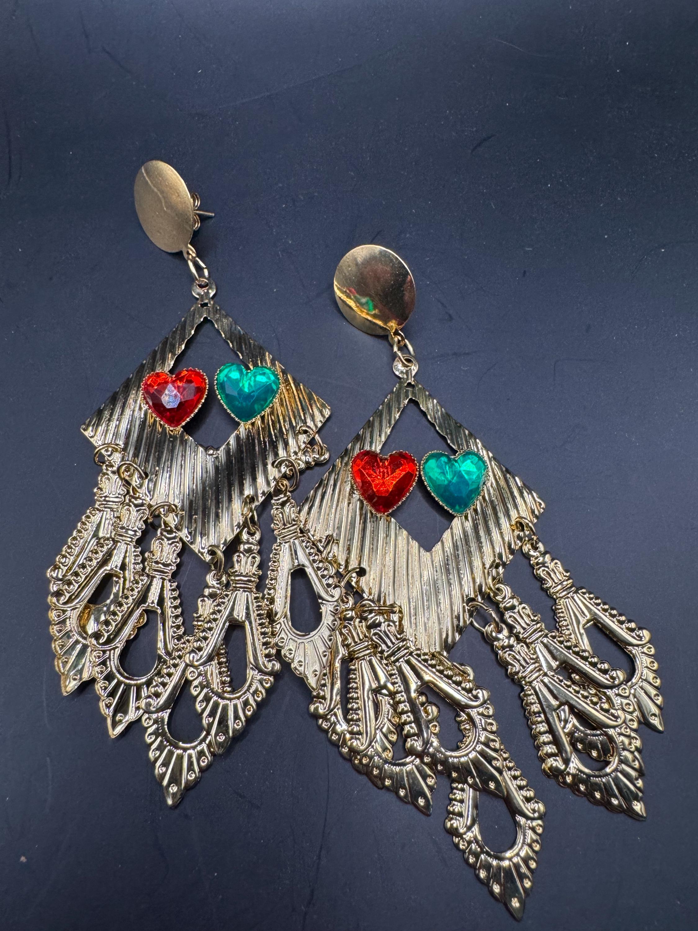 80s Oversized Heart Dangle Earrings, Deadstock