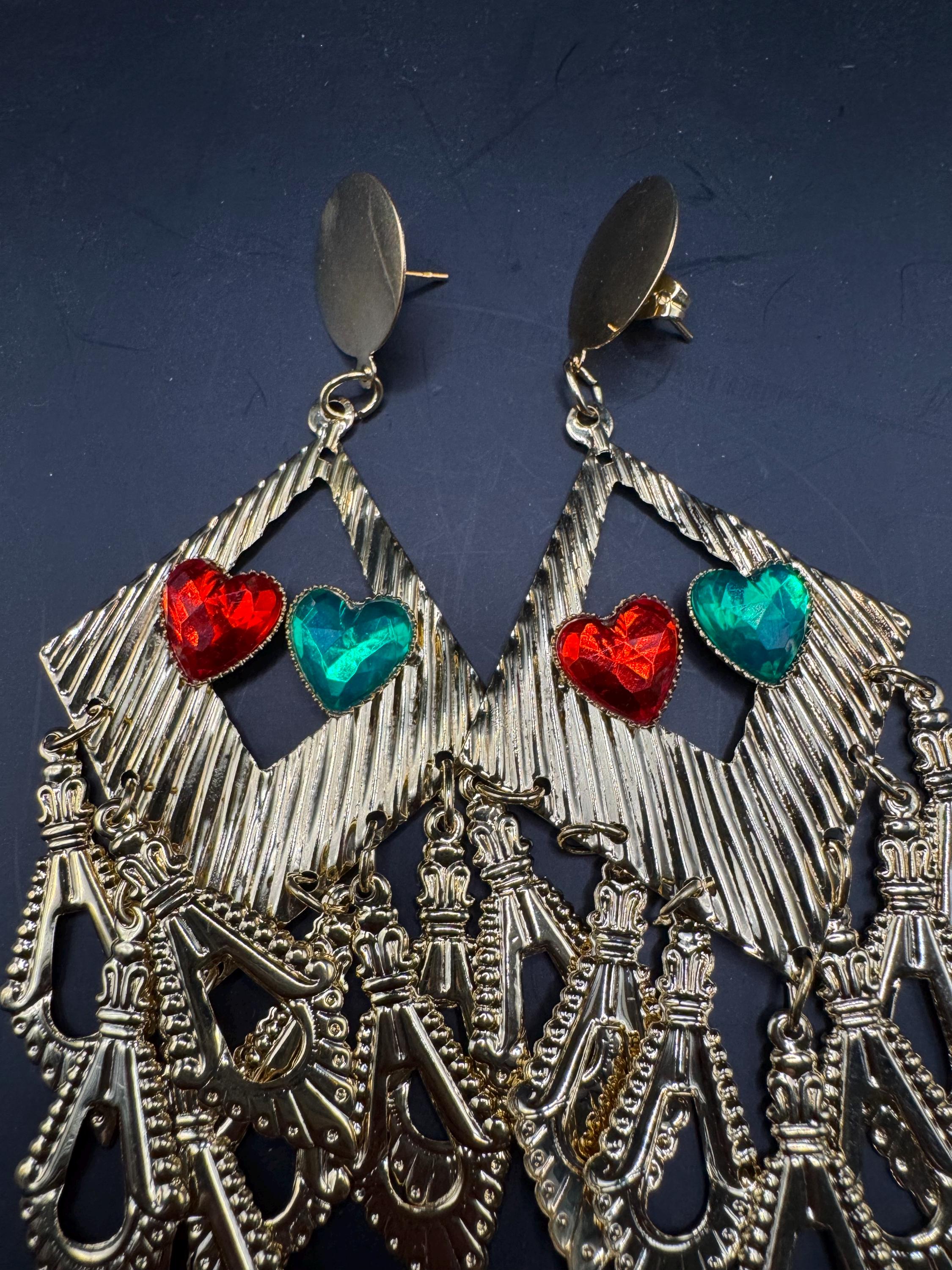 80s Oversized Heart Dangle Earrings, Deadstock