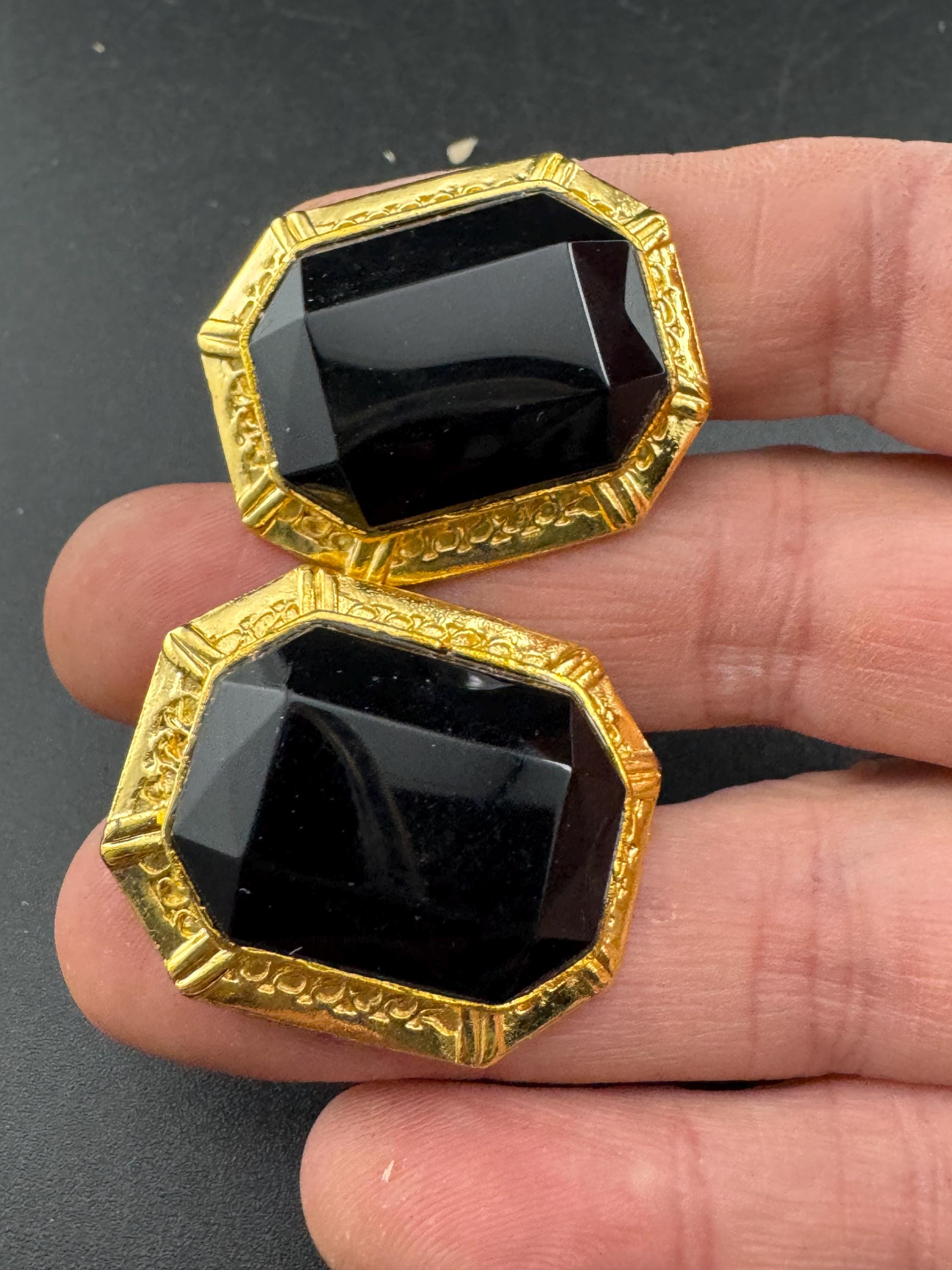 Gold plated black octagon clip on earrings, vintage oversized 3cm 1980s