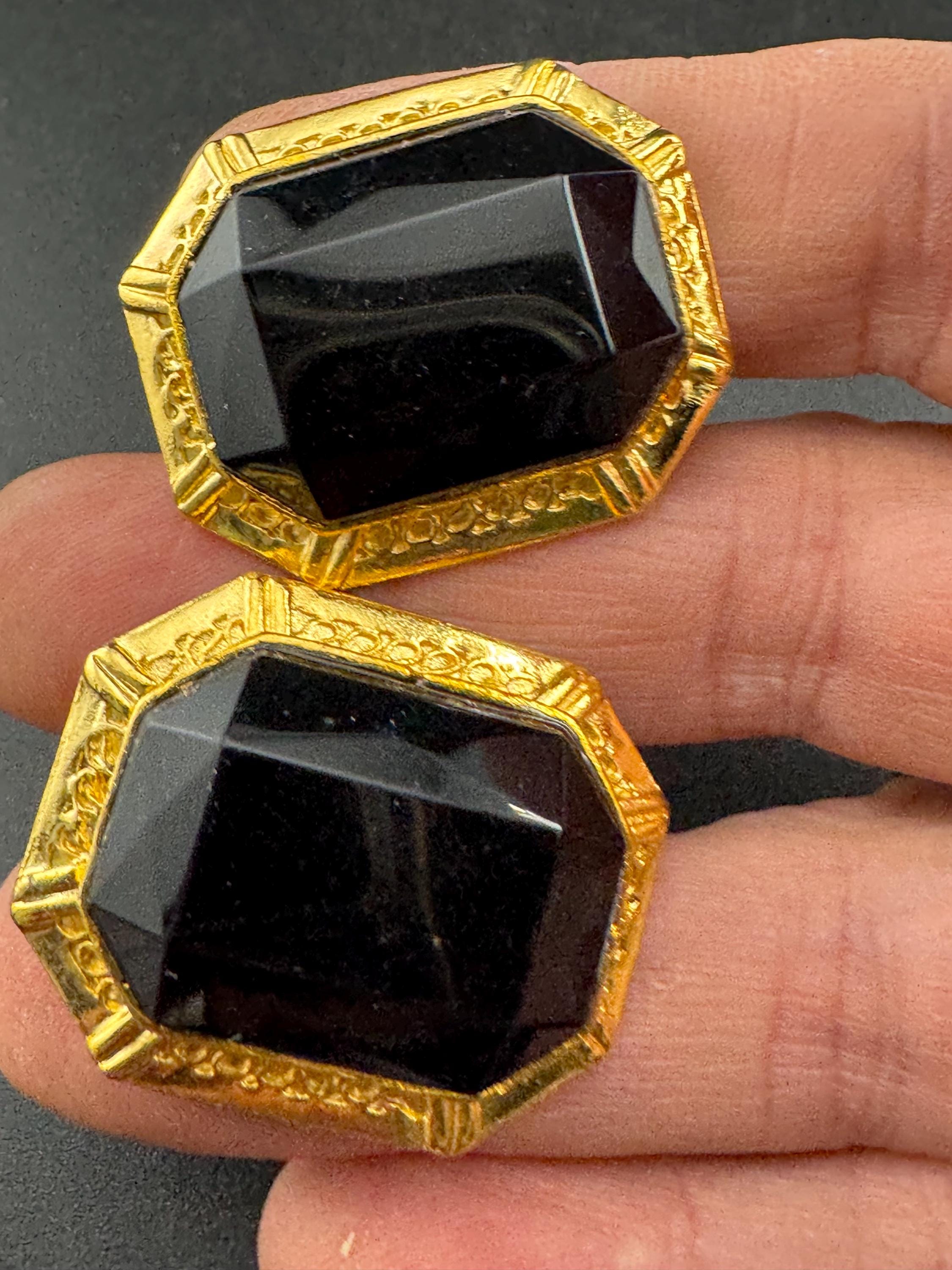 Gold plated black octagon clip on earrings, vintage oversized 3cm 1980s