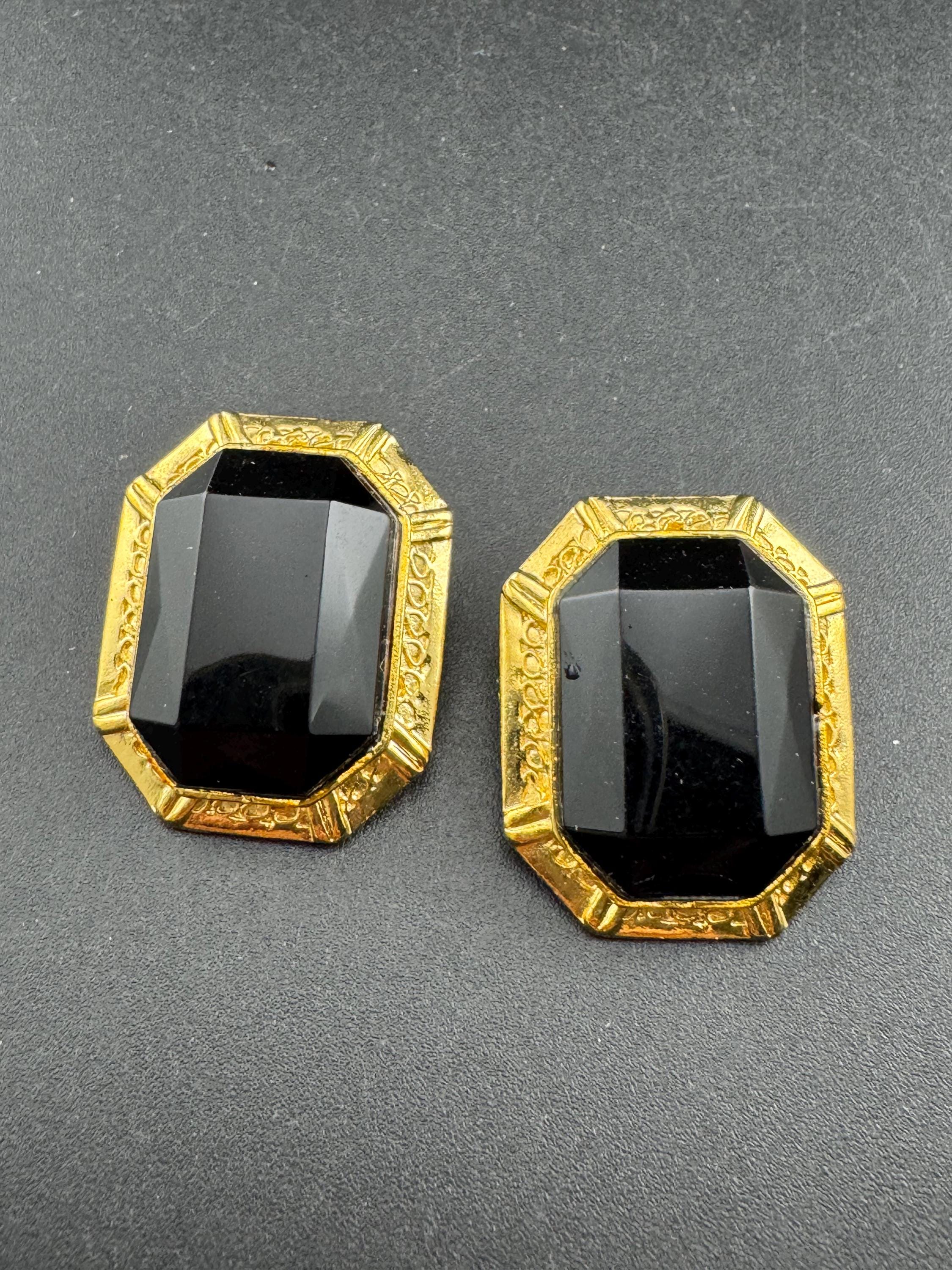 Gold plated black octagon clip on earrings, vintage oversized 3cm 1980s