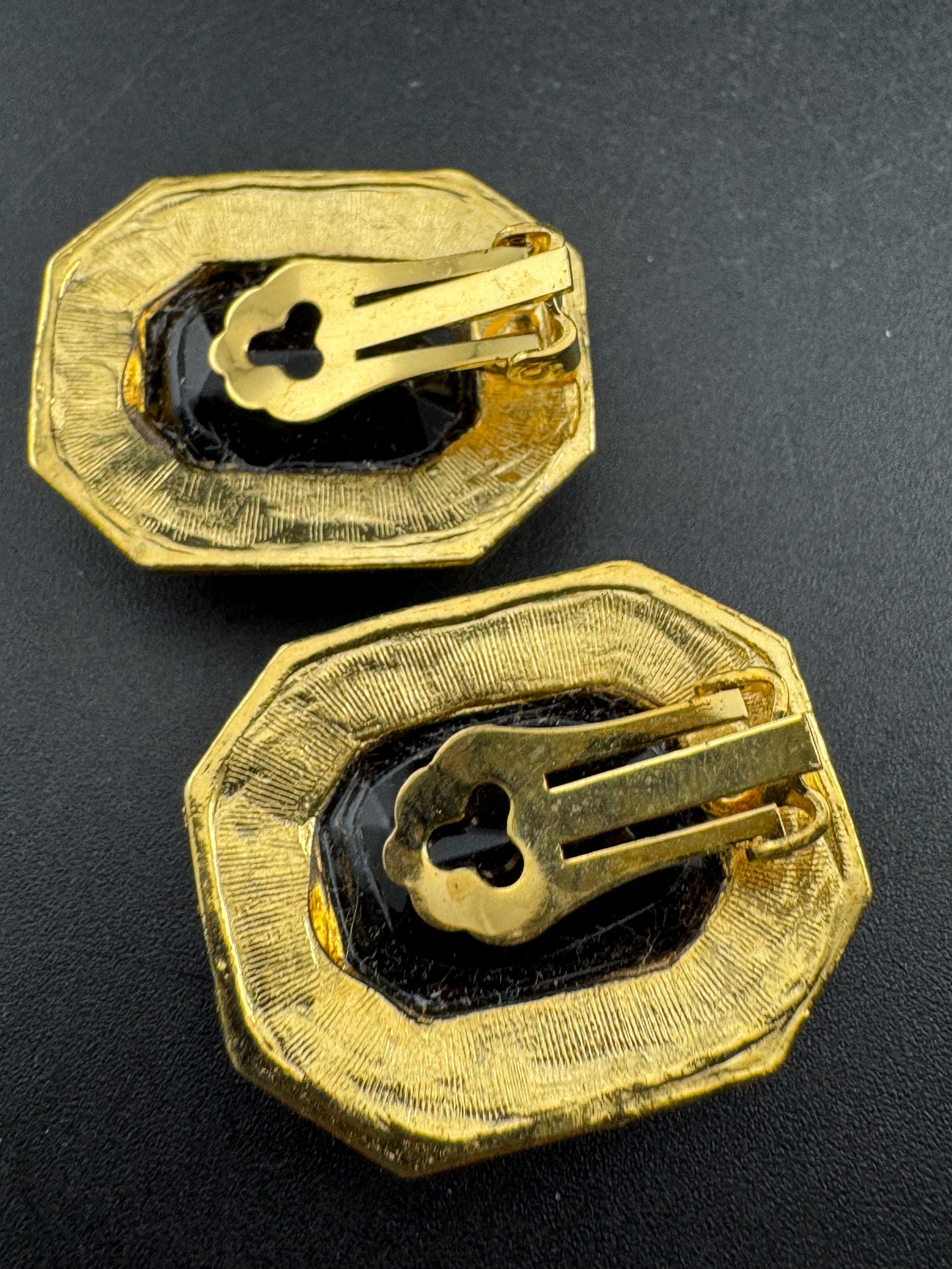 Gold plated black octagon clip on earrings, vintage oversized 3cm 1980s