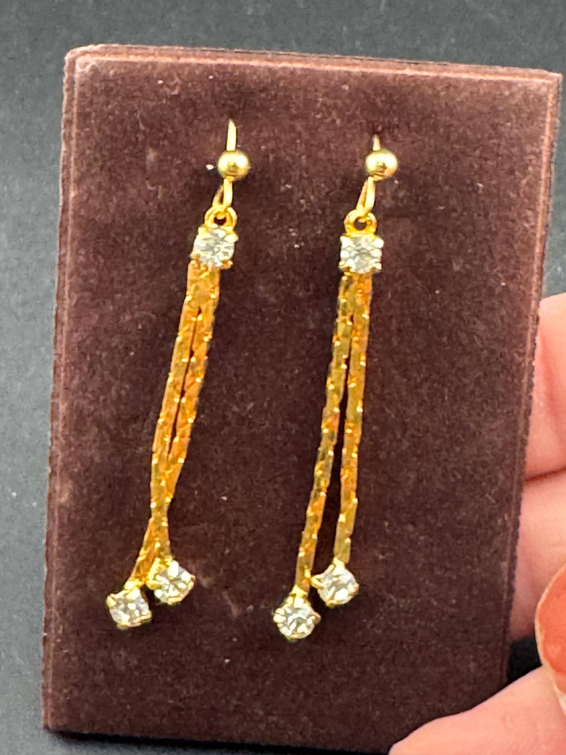 Vintage gold diamanté chain dangly earrings, 1970s unused for pierced ears
