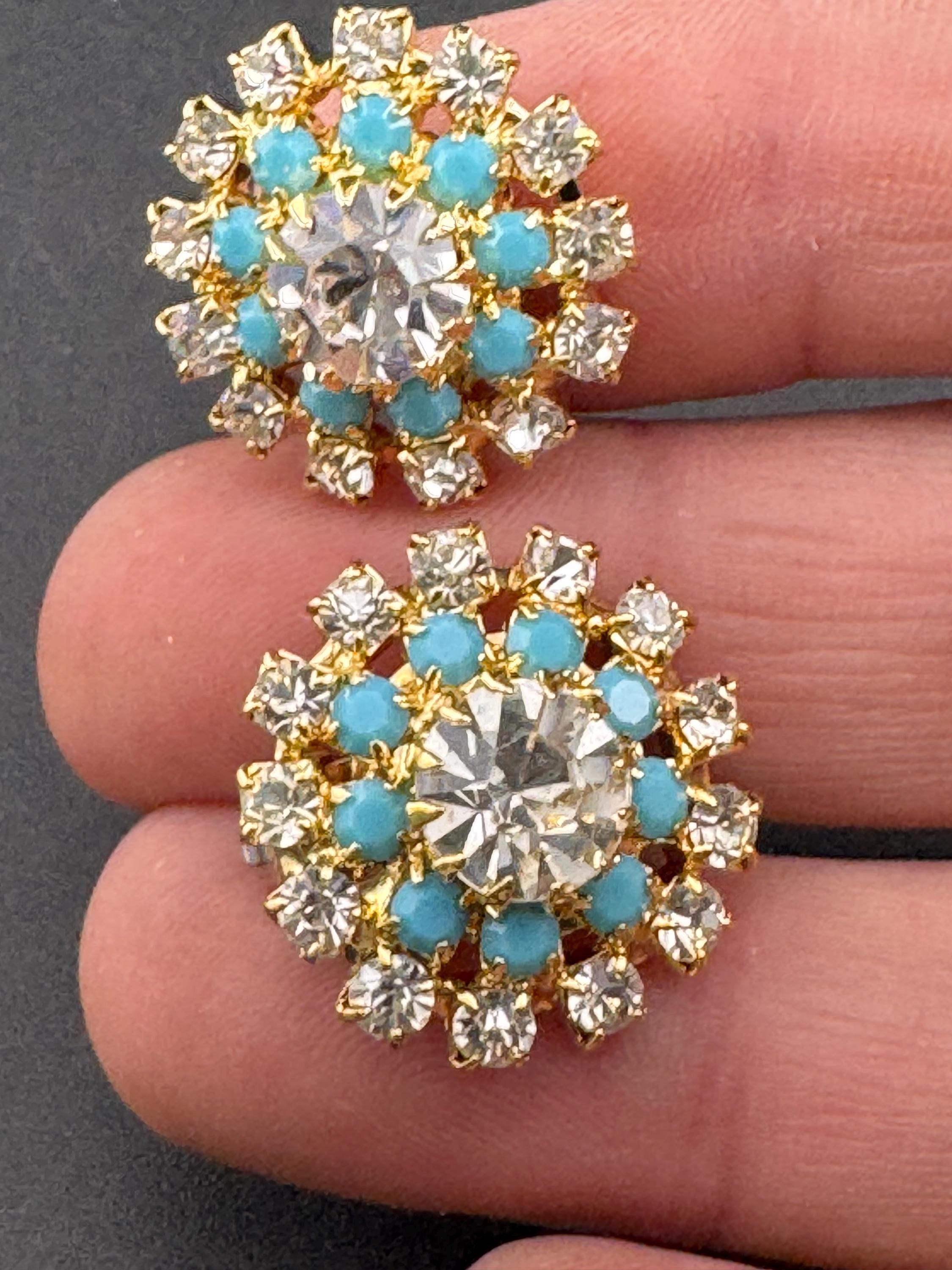 vintage diamanté gold   and turquoise round clip on earrings, unused and super sparkly