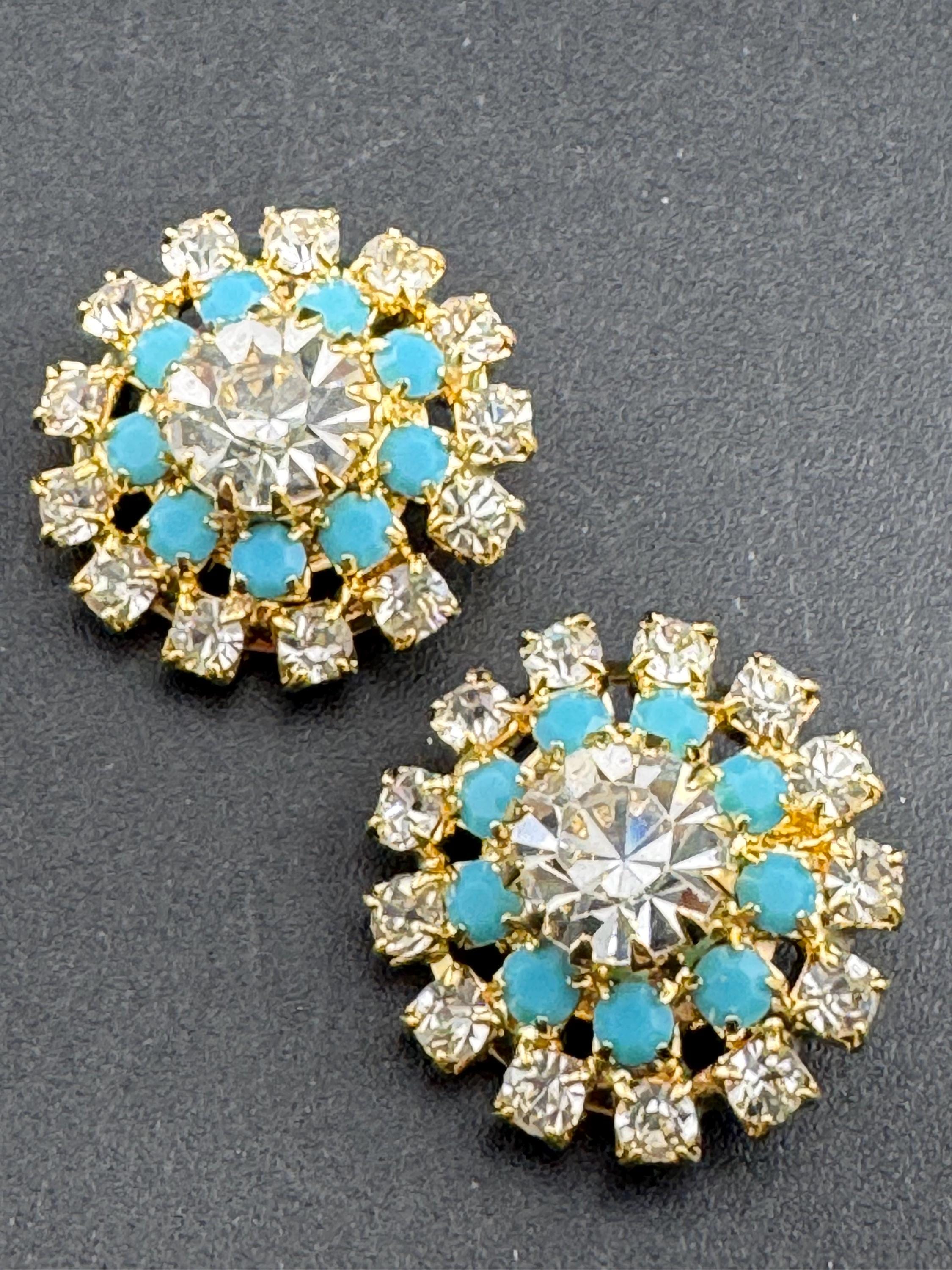 vintage diamanté gold   and turquoise round clip on earrings, unused and super sparkly