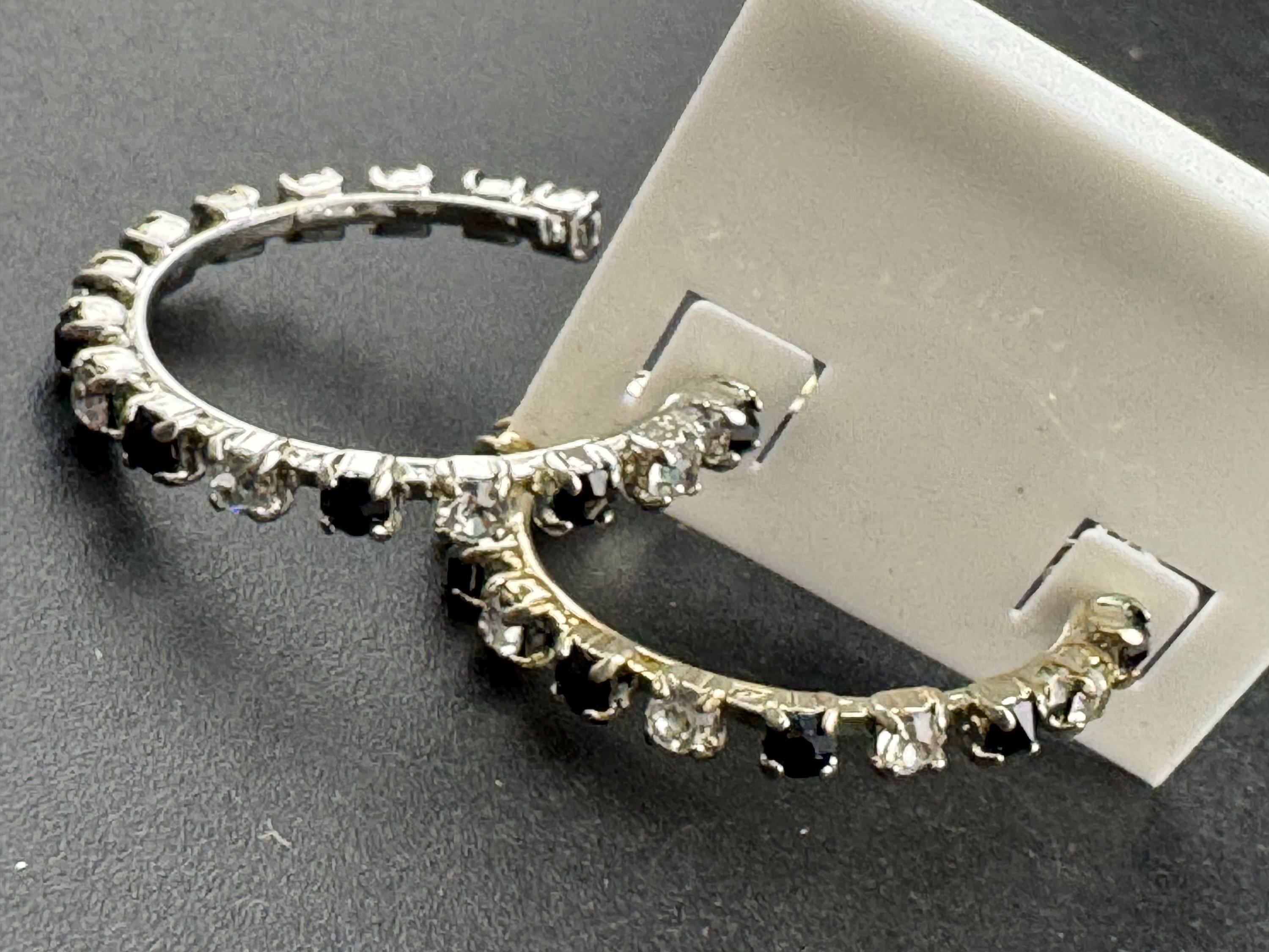 3.5cm clear and black diamanté crystal hoop earrings, silver tone for pierced ears