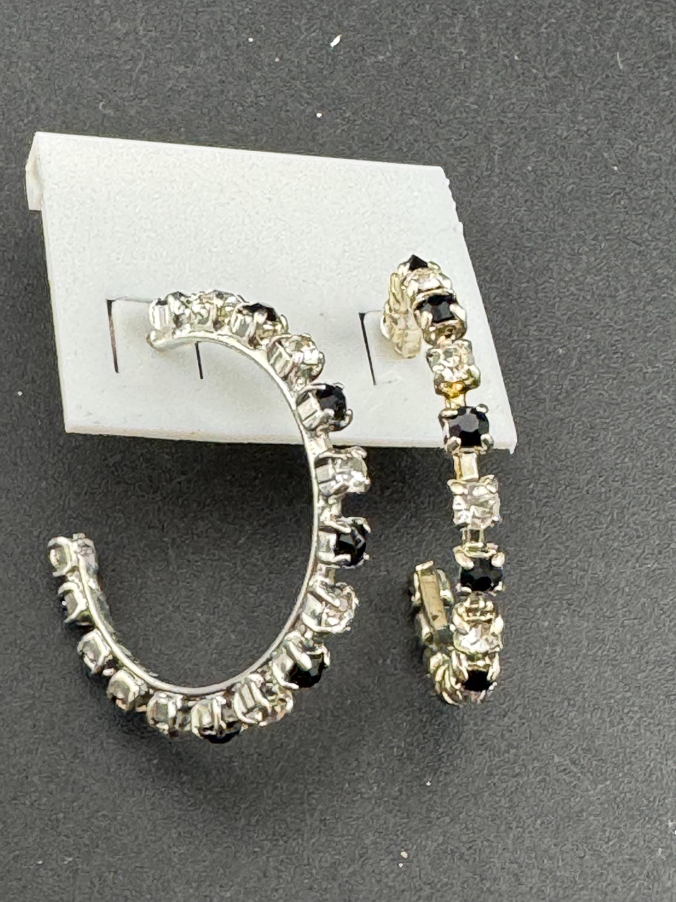 3.5cm clear and black diamanté crystal hoop earrings, silver tone for pierced ears