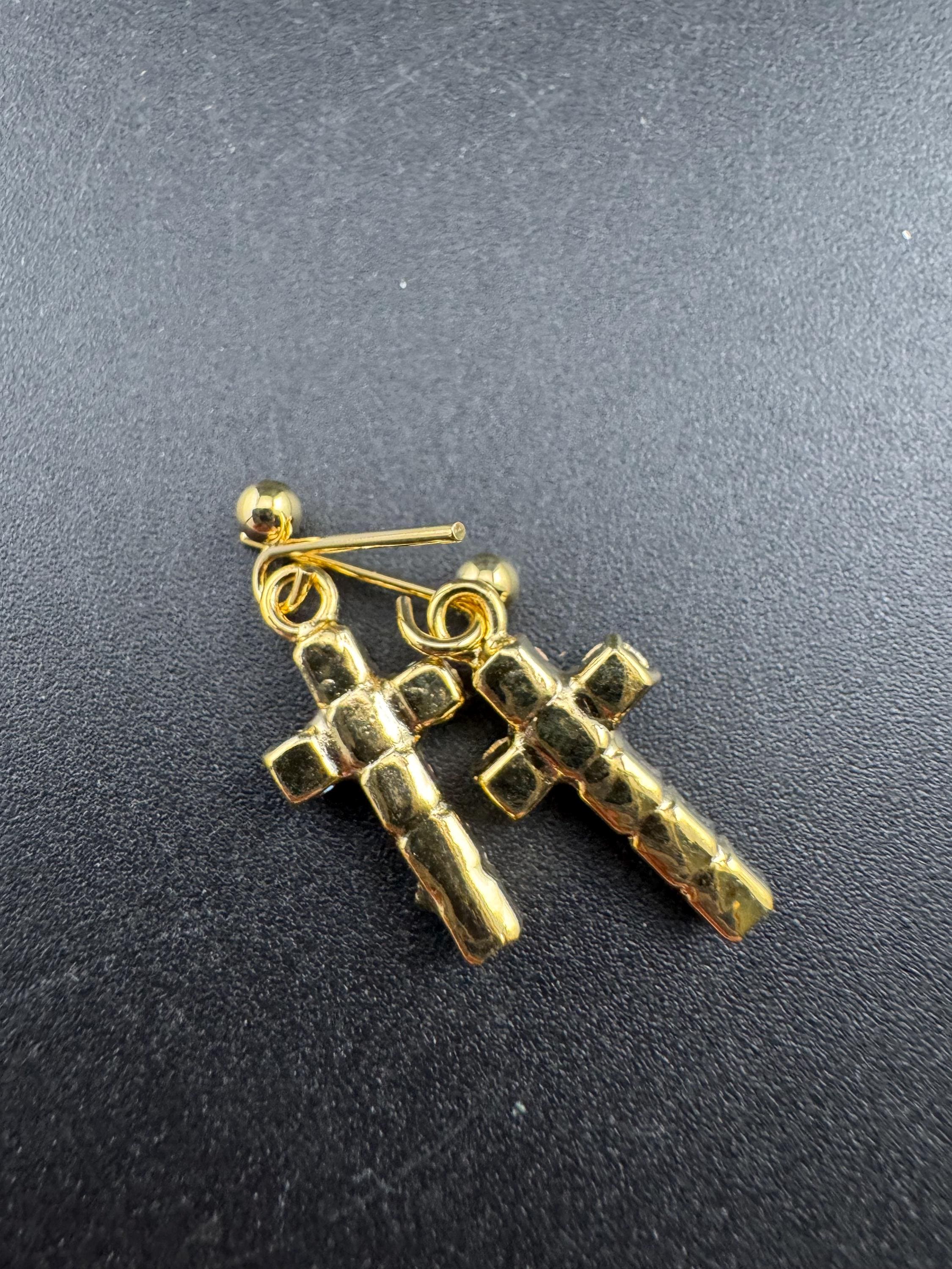 vintage dainty sapphire blue diamanté cross earrings, gold tone pierced drops