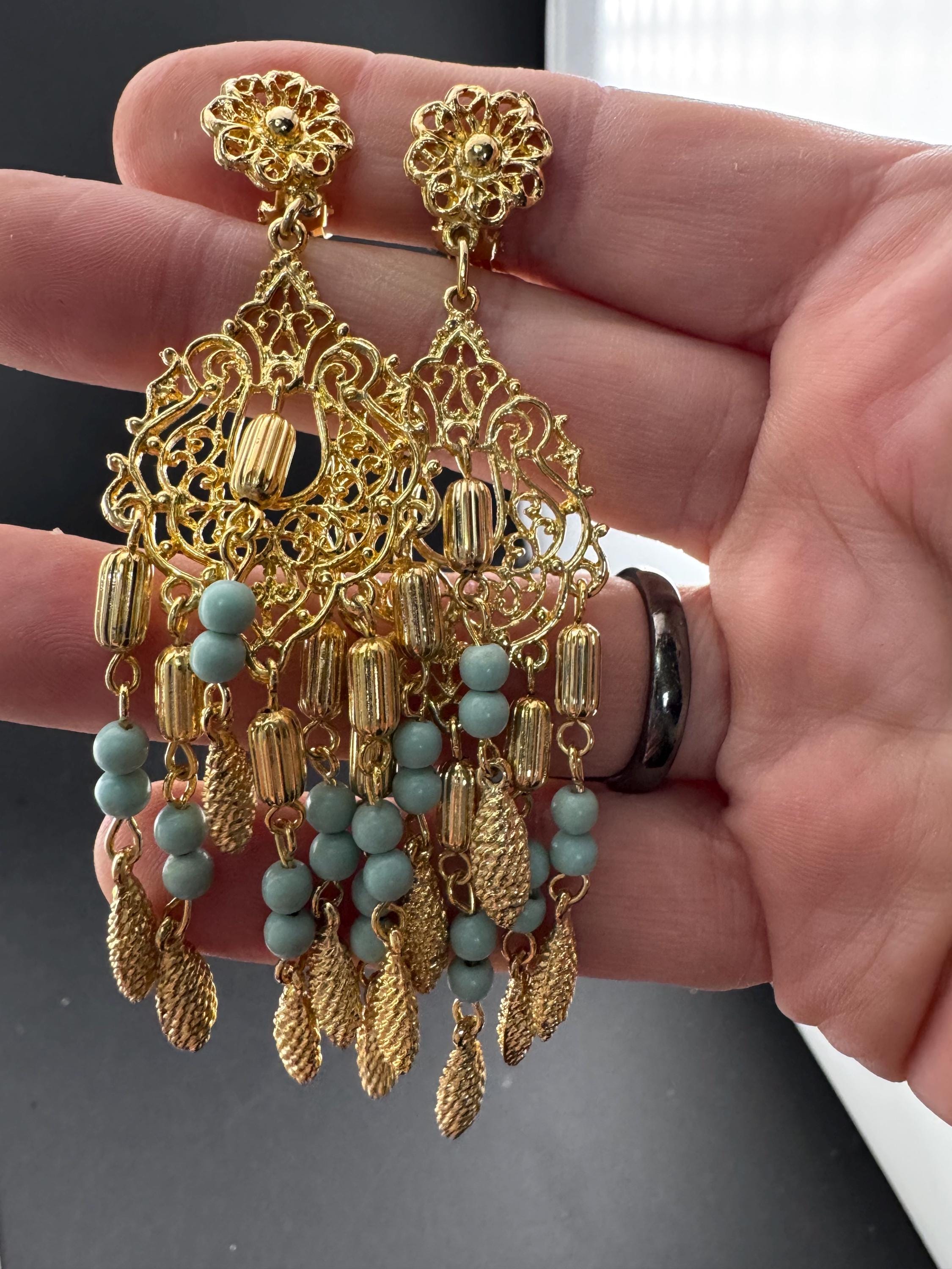 Oversized 9cm gold and turquoise beaded long articulated dangly clip on earrings