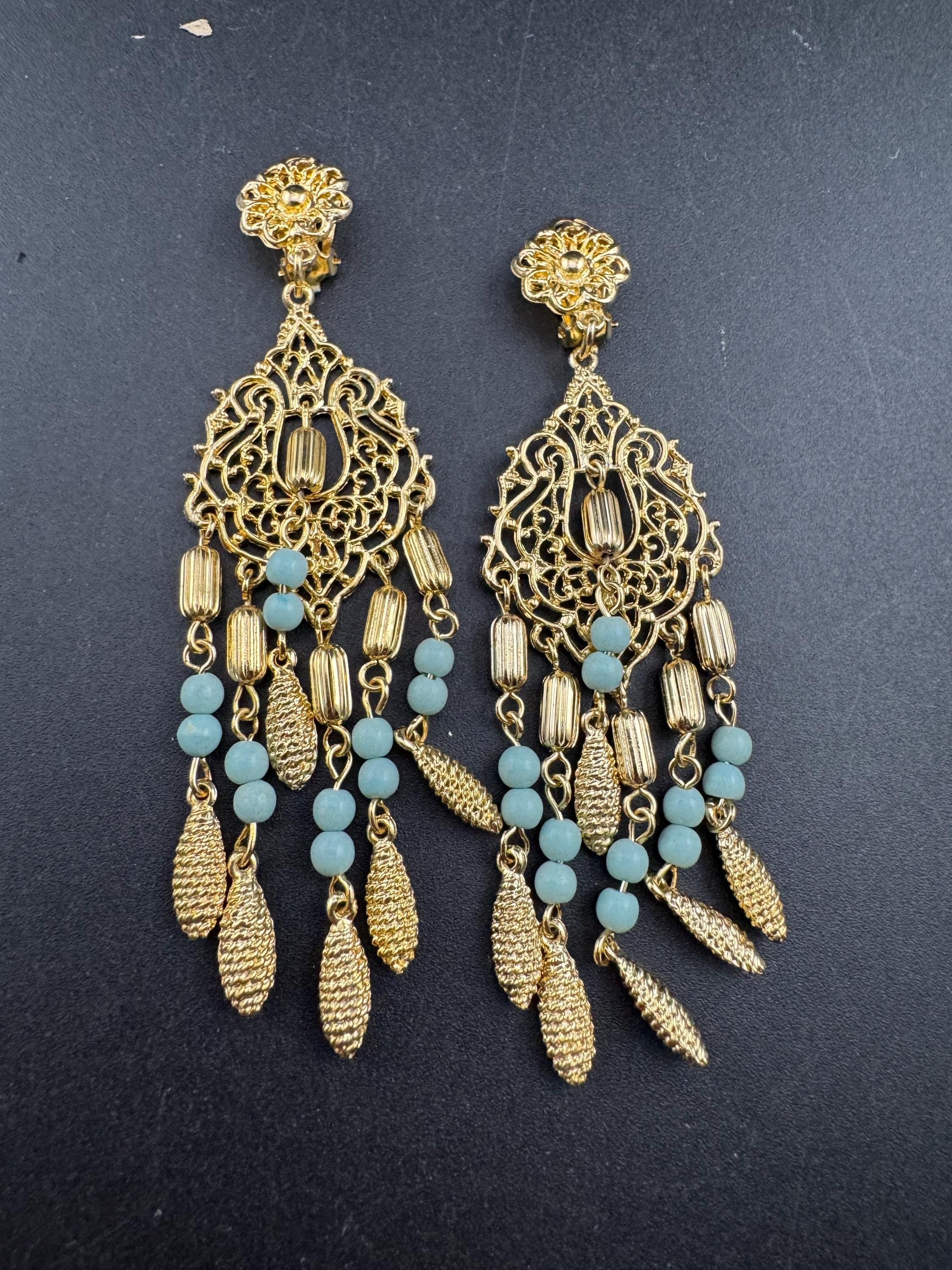 Oversized 9cm gold and turquoise beaded long articulated dangly clip on earrings