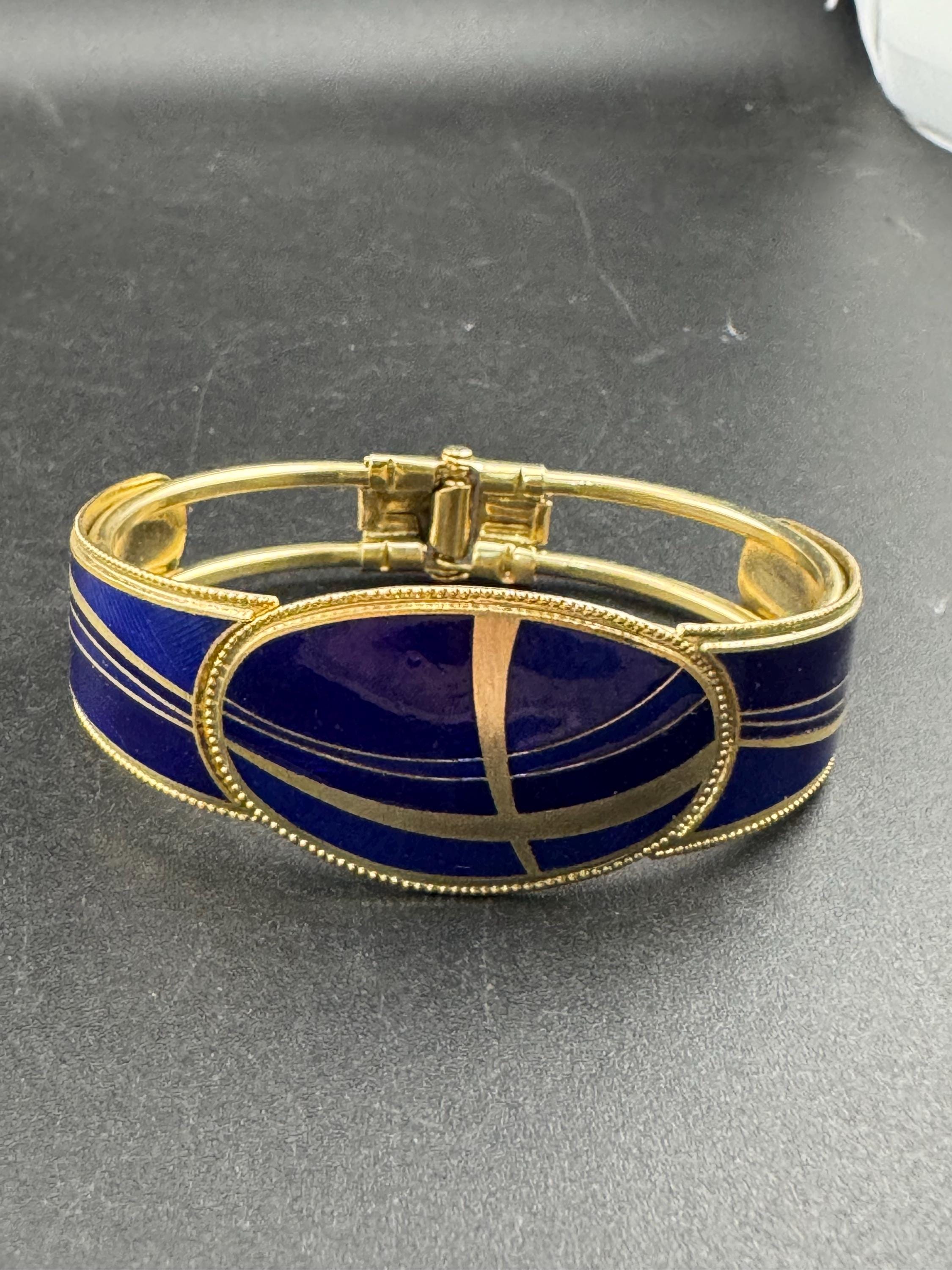 Vintage bright blue enamel geometric clamper bangle:  abstract modernist design 1980s 1990s