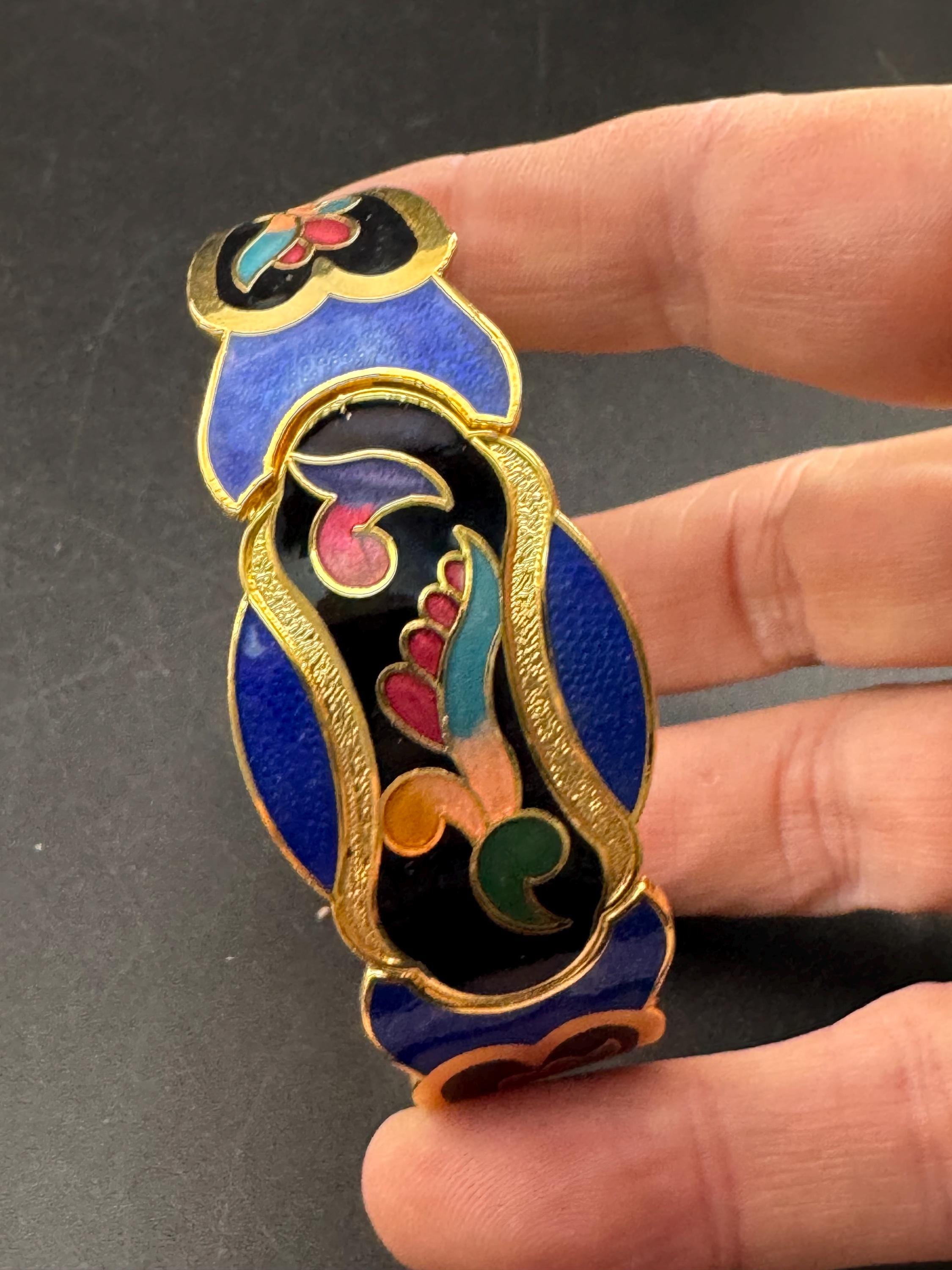 Vintage blue enamel geometric clamper bangle:  floral design 1980s 1990s