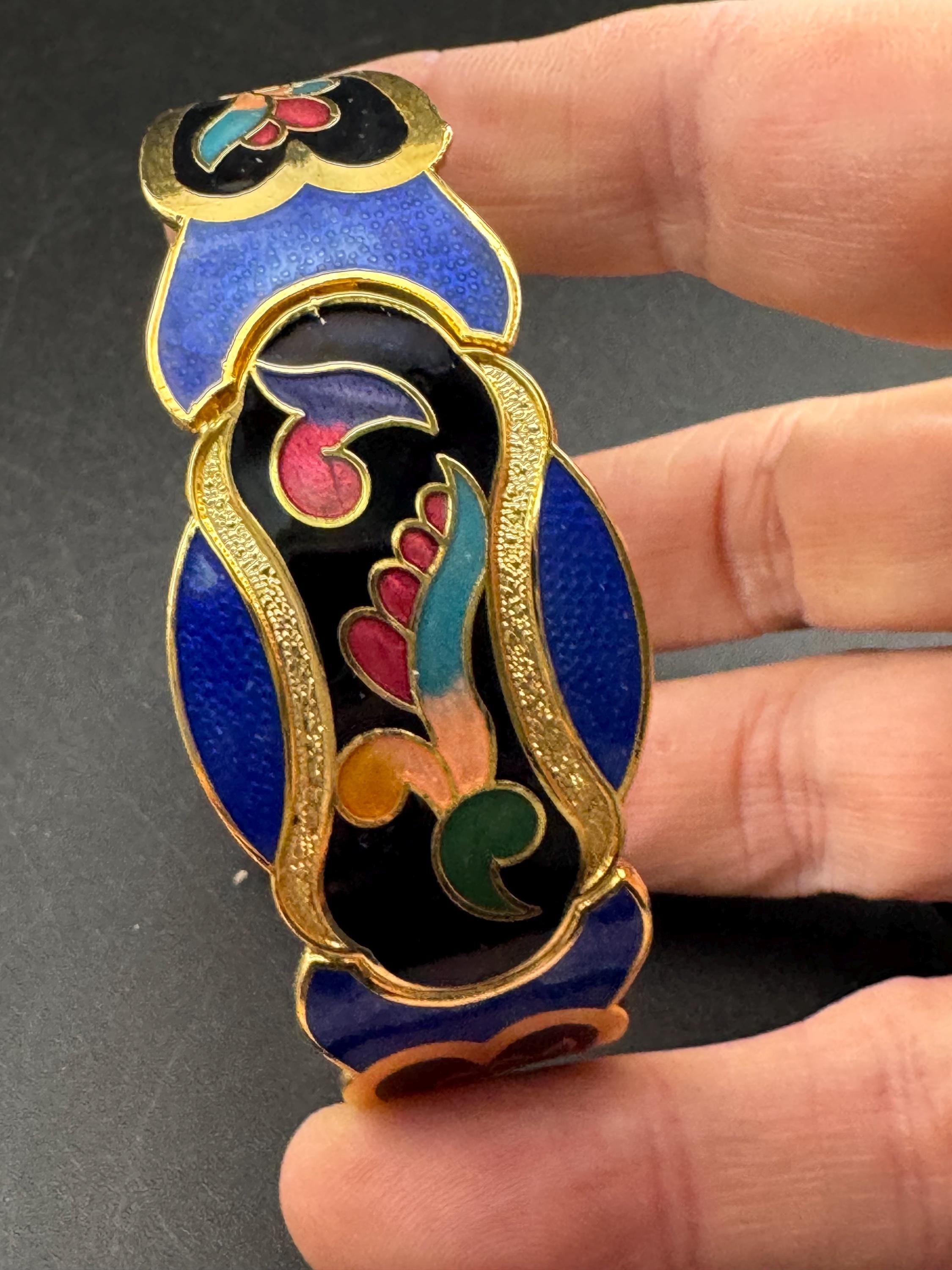 Vintage blue enamel geometric clamper bangle:  floral design 1980s 1990s