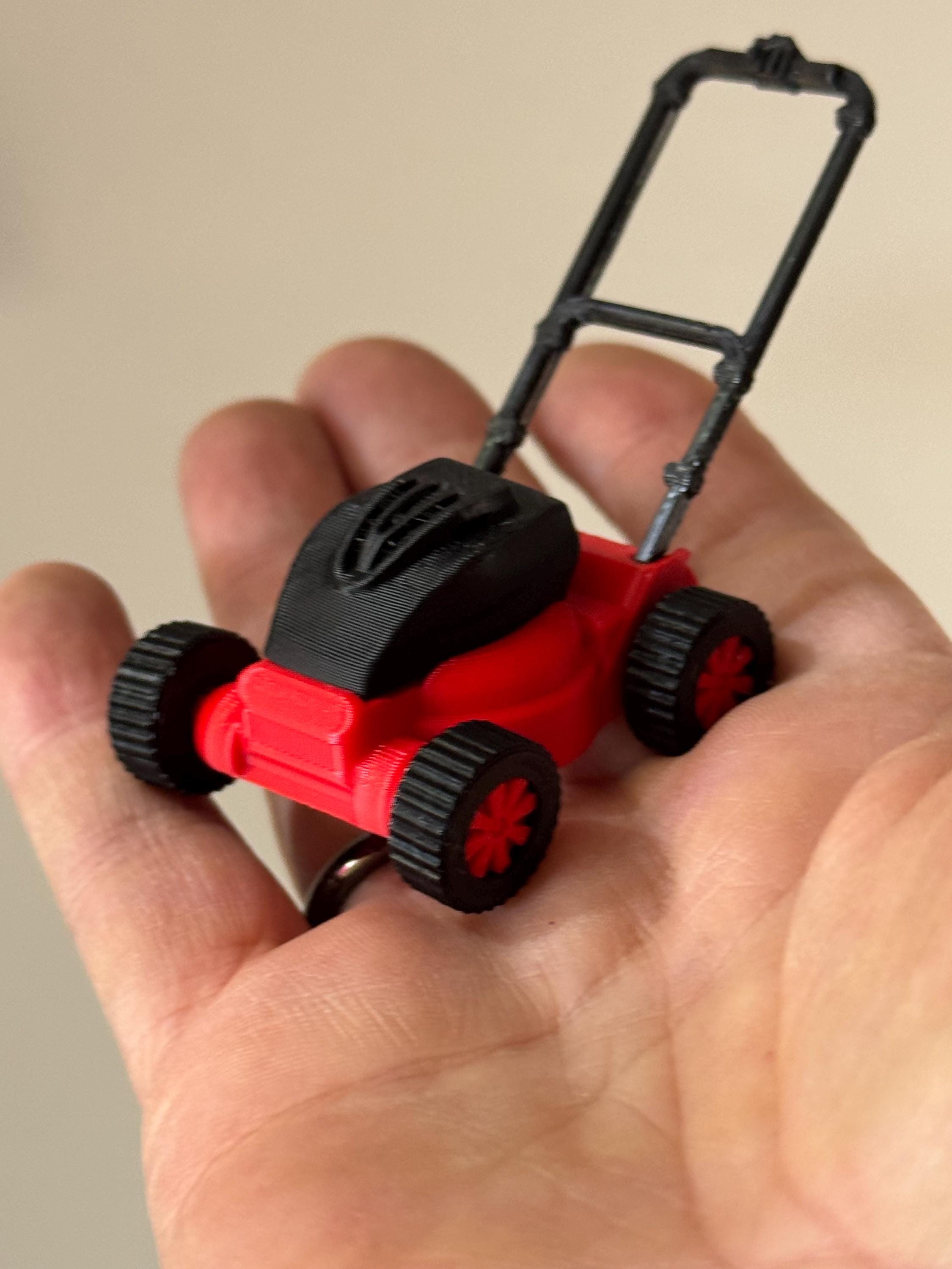 Miniature lawn mower cake topper, gardener, dollhouse scenery