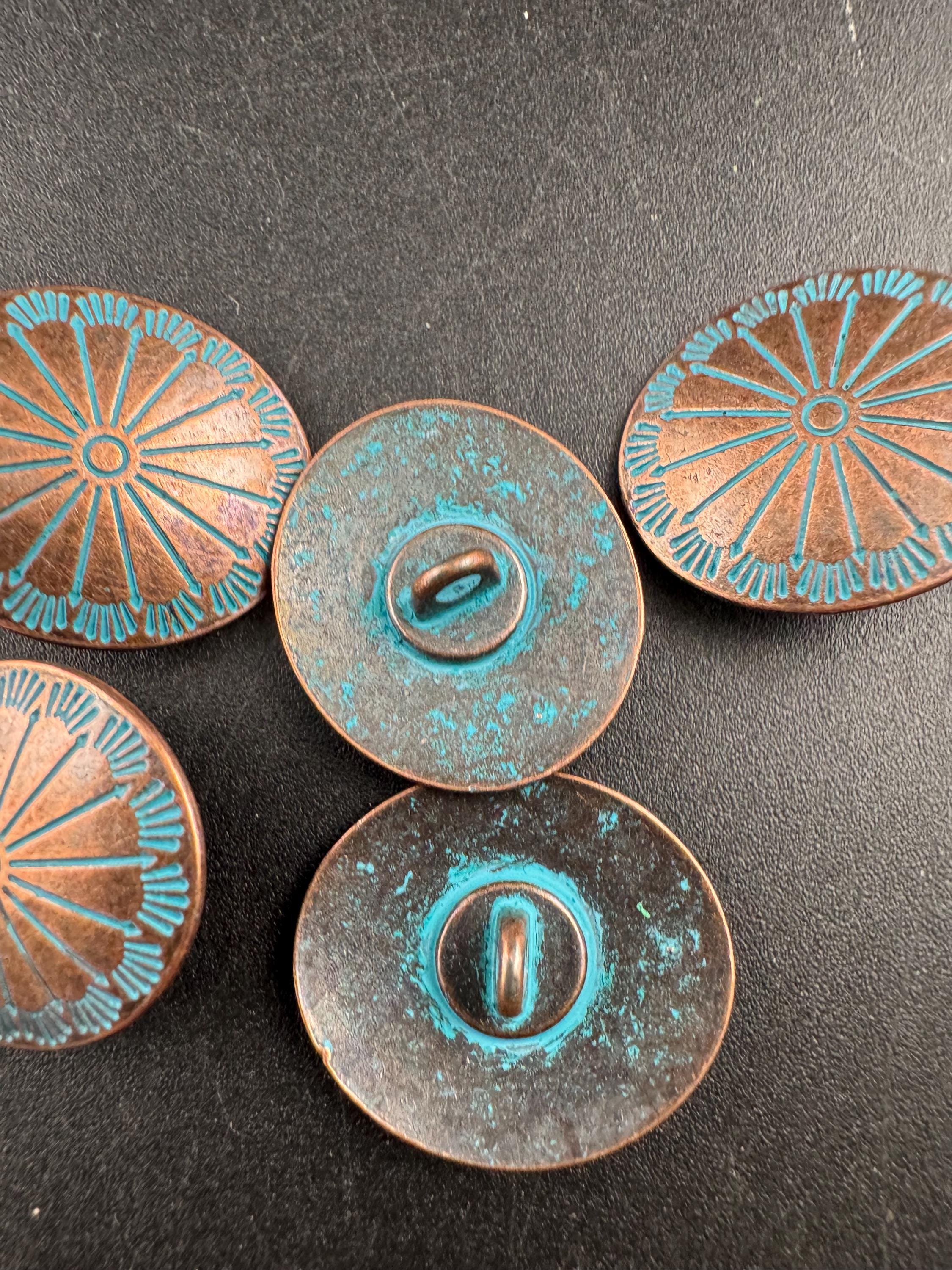 25mm Copper oval metal buttons, pack of 5 ,boho green verdigris design