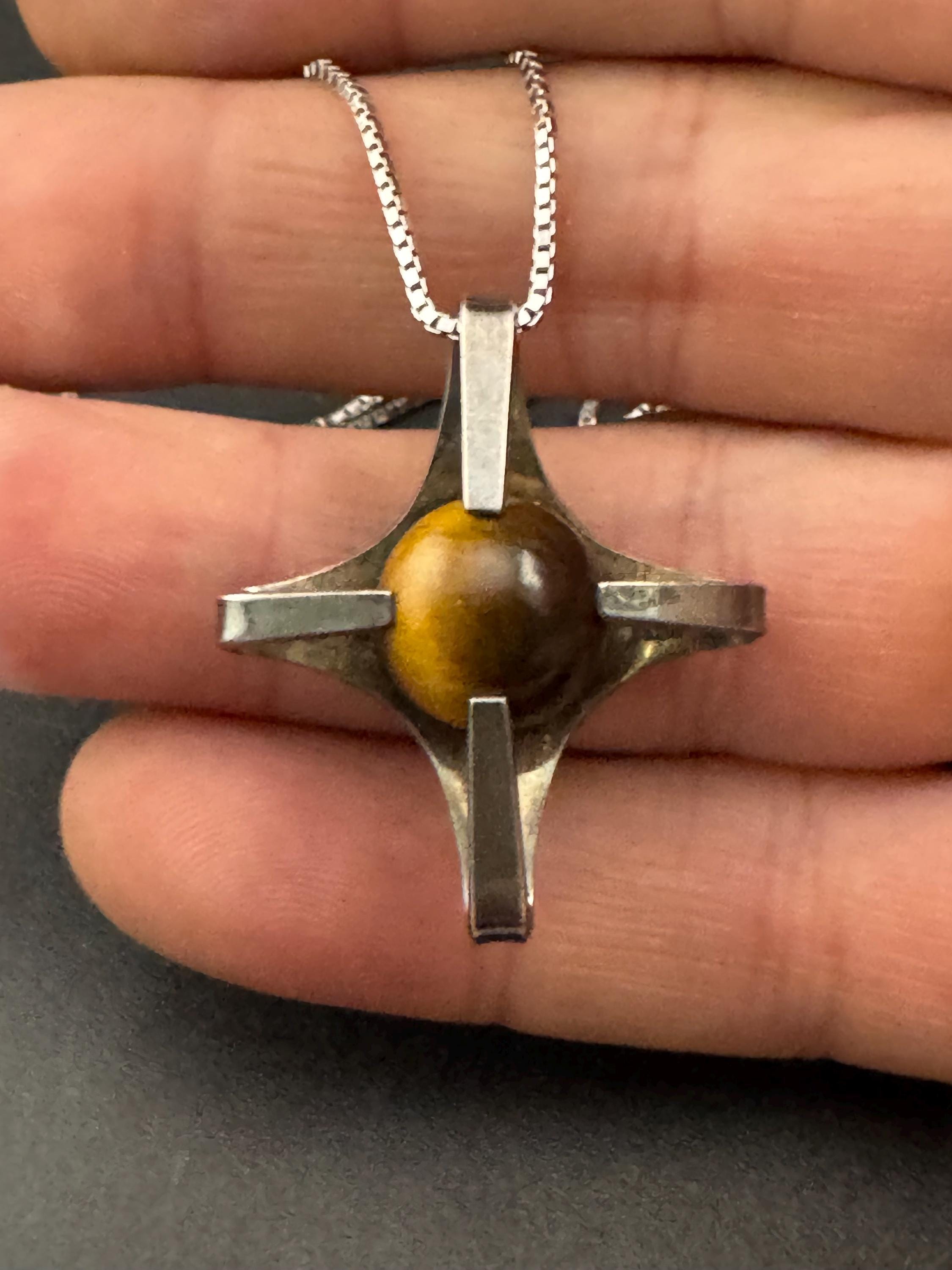 Vintage 1970s Tiger's Eye Sterling Silver Pendant Necklace, modernist brutalist design