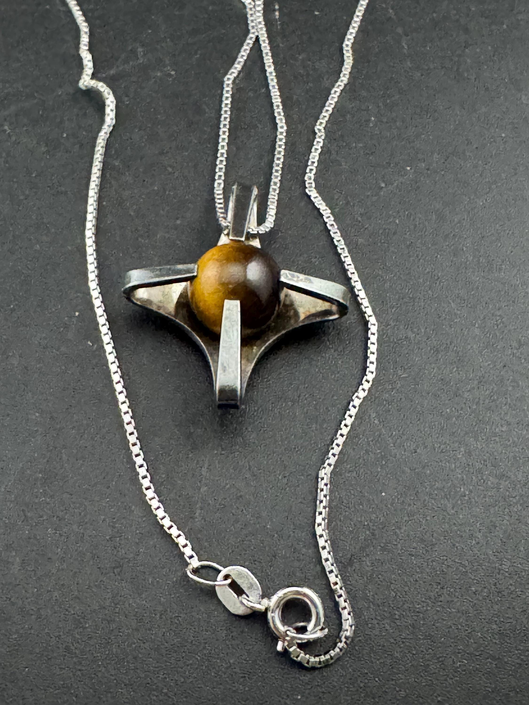 Vintage 1970s Tiger's Eye Sterling Silver Pendant Necklace, modernist brutalist design