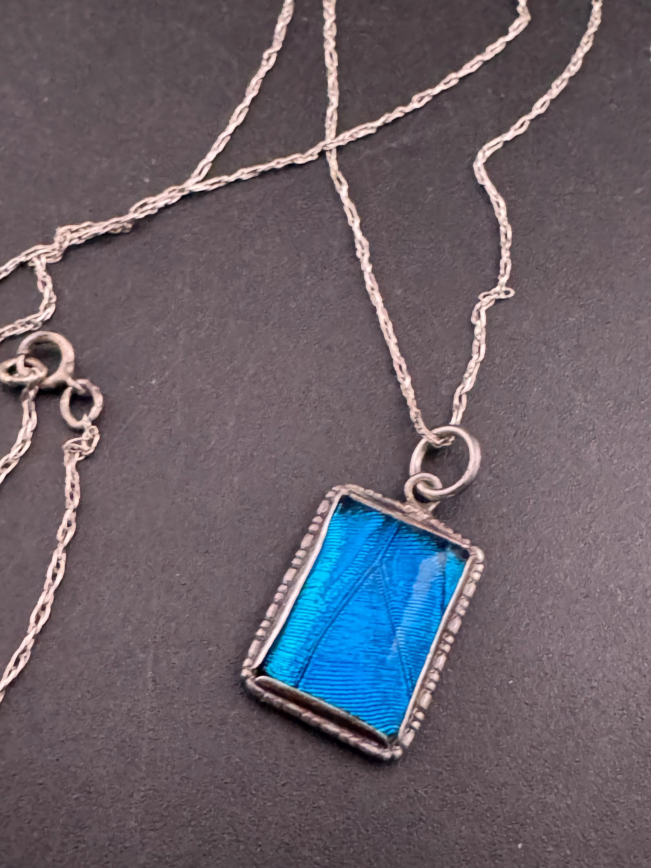 Antique blue butterfly wing pendant necklace , 925 sterling silver
