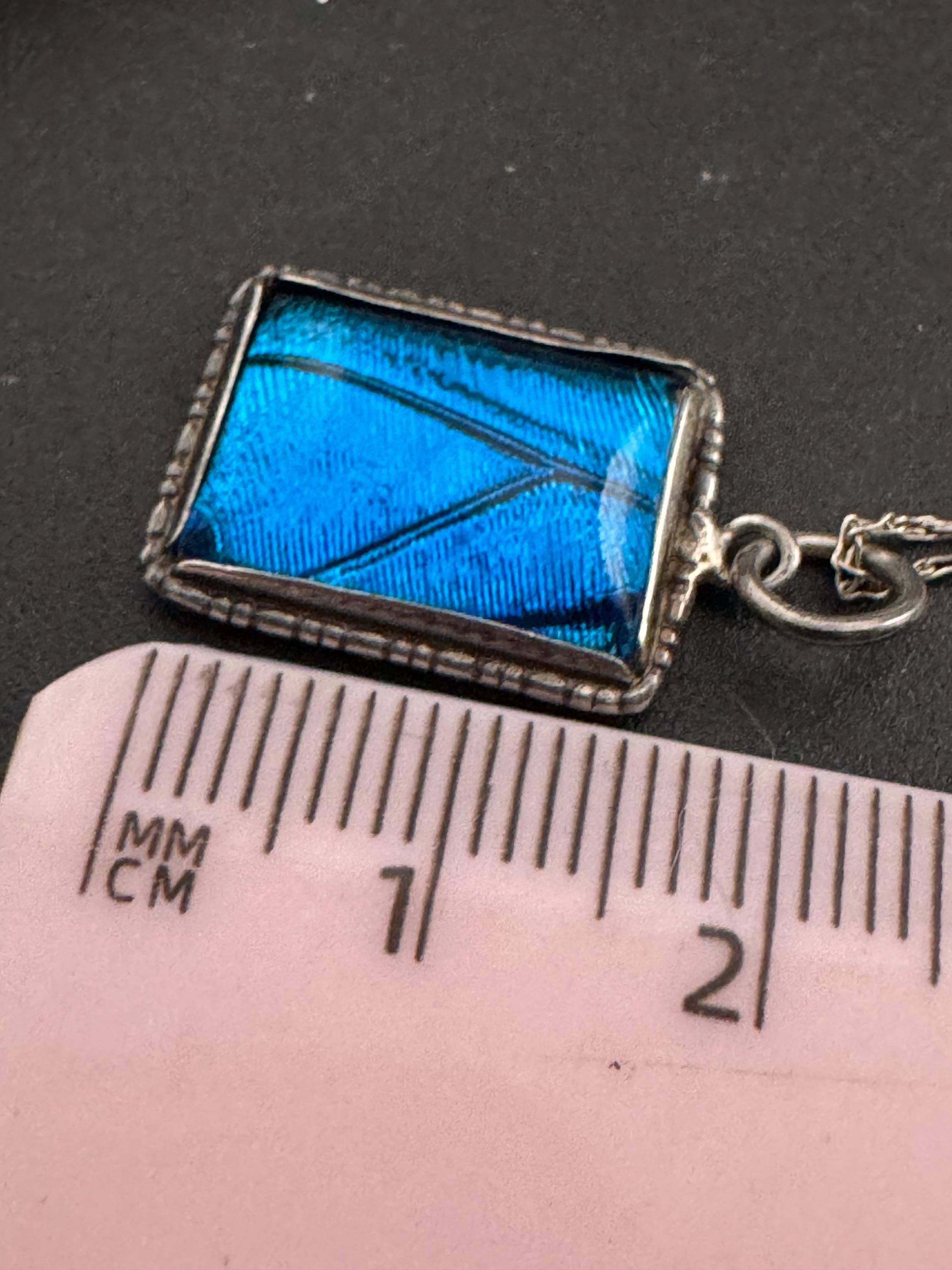 Antique blue butterfly wing pendant necklace , 925 sterling silver
