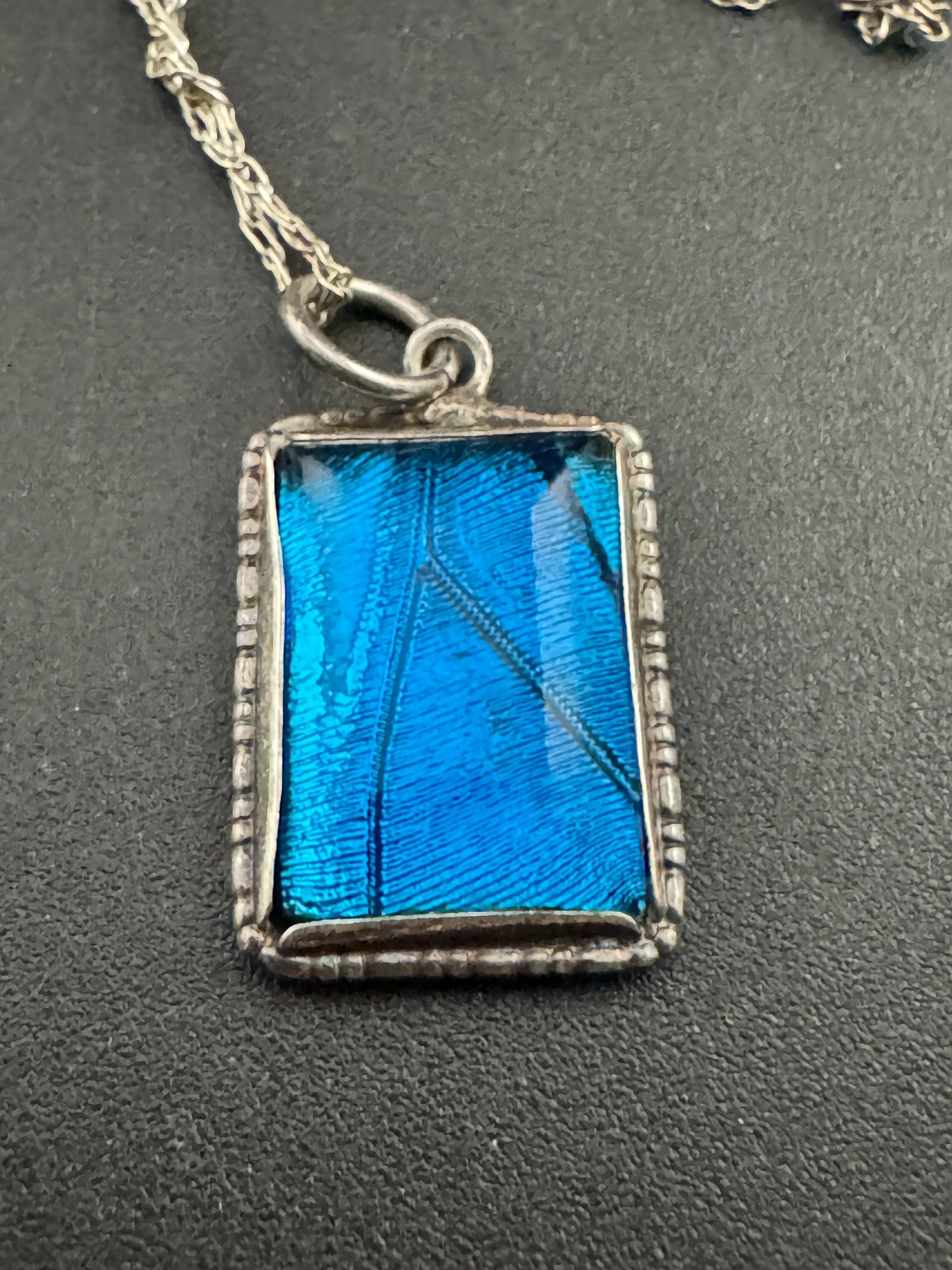Antique blue butterfly wing pendant necklace , 925 sterling silver