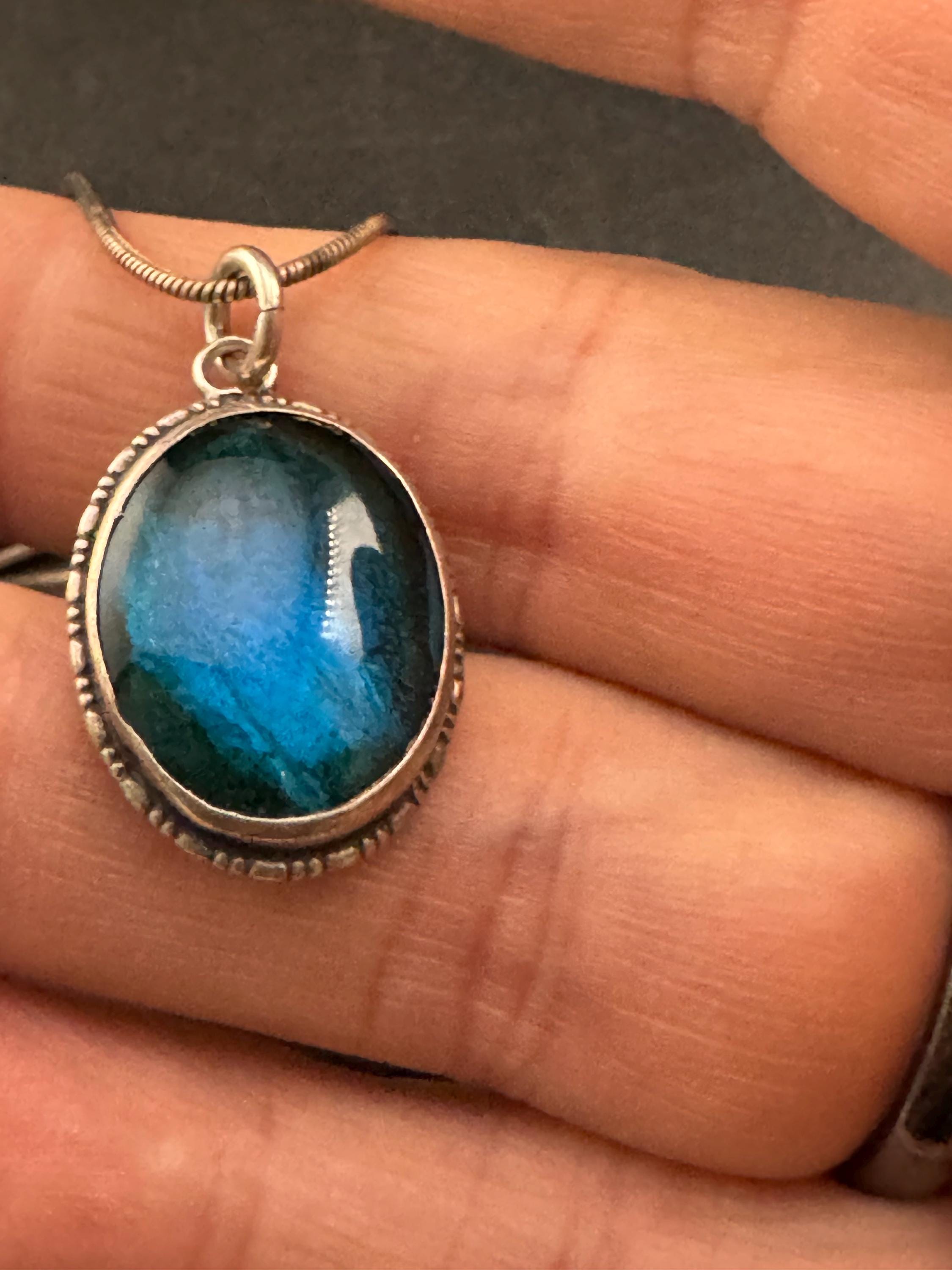 Antique blue butterfly wing oval pendant necklace , 925 sterling silver