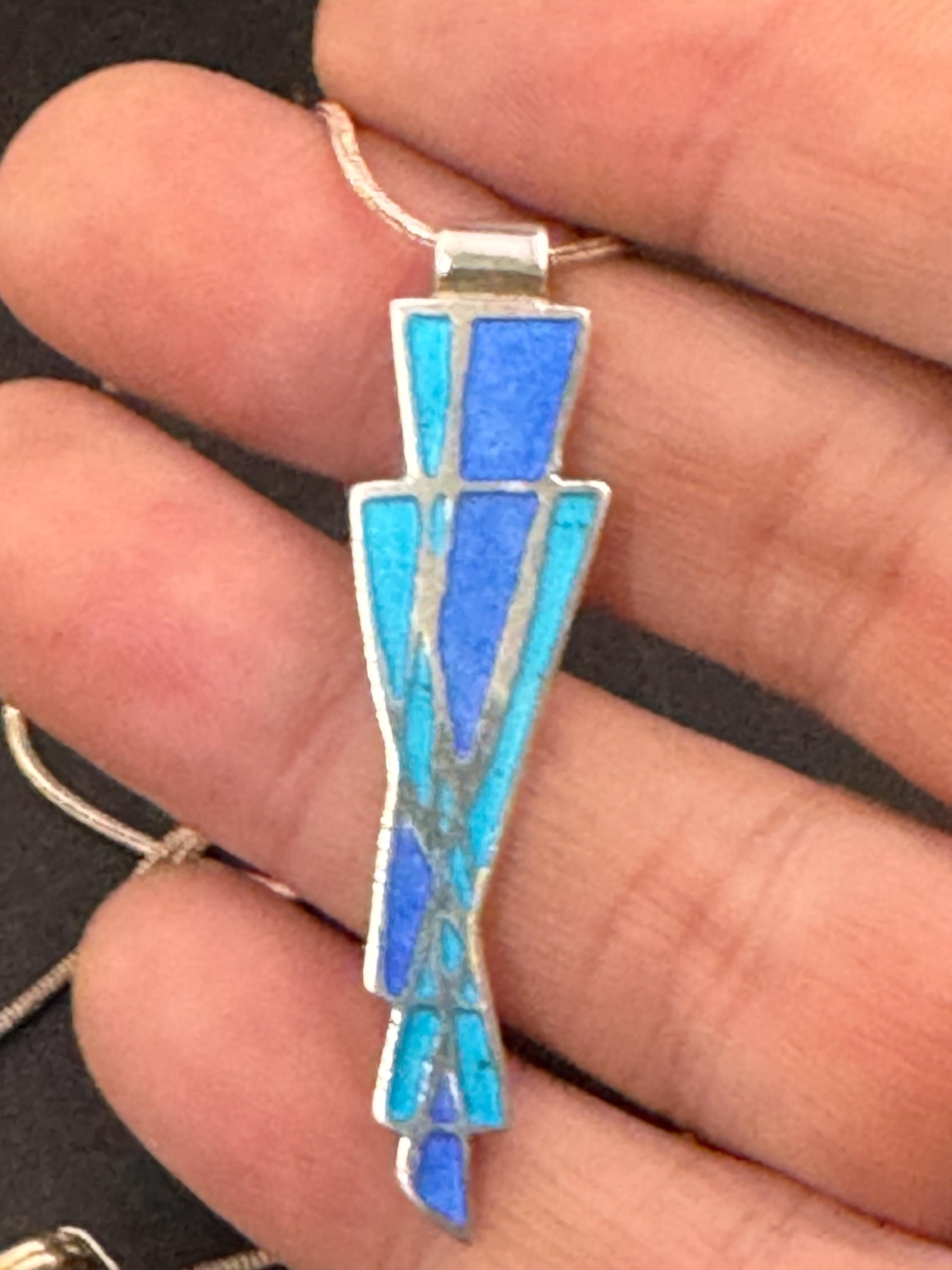Blue enamel 925 Sterling Silver modernist pendant Necklace,  full hallmarks