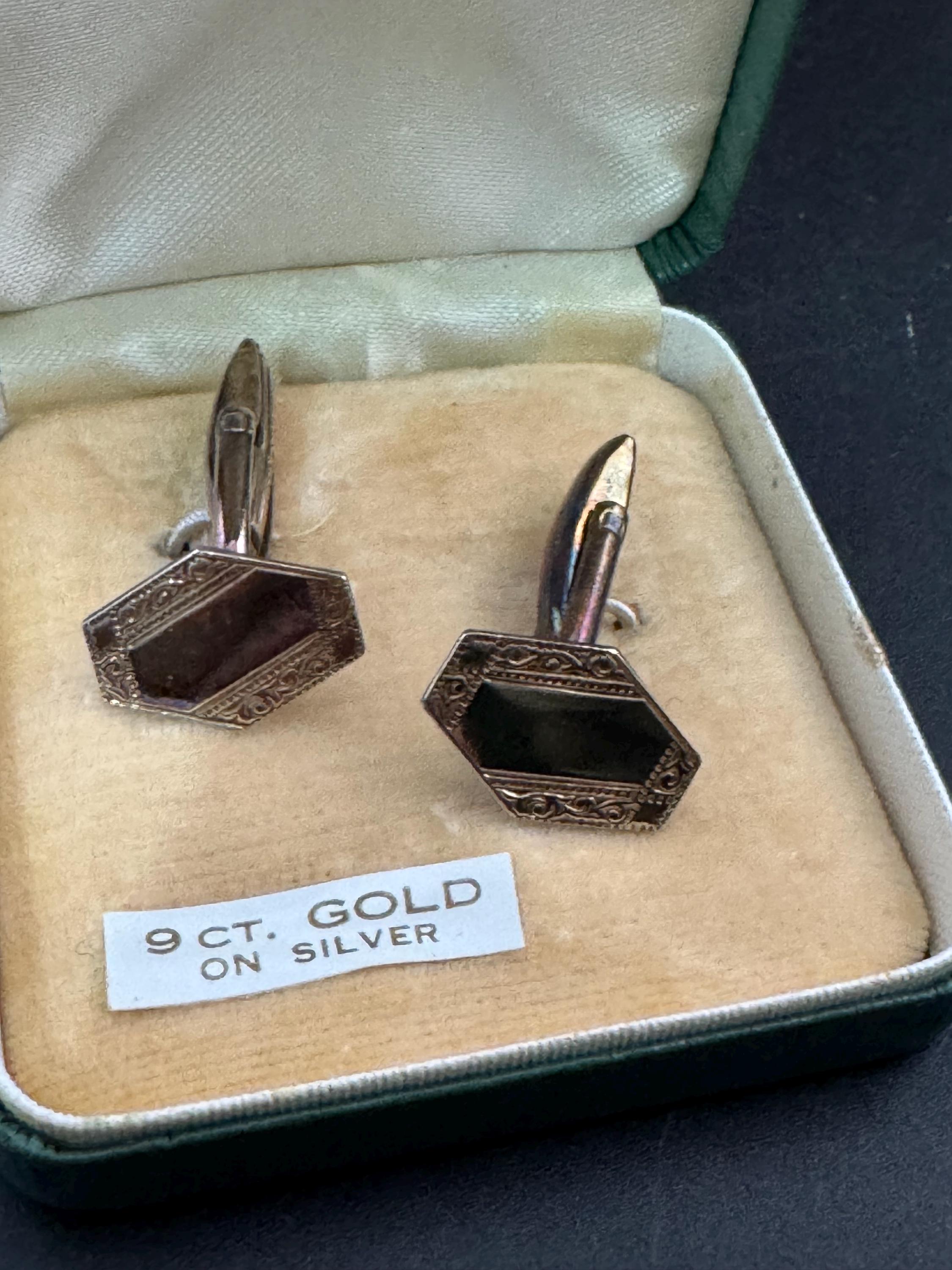 Engine turned art deco mens cufflinks 9ct gold on 925 Sterling Silver