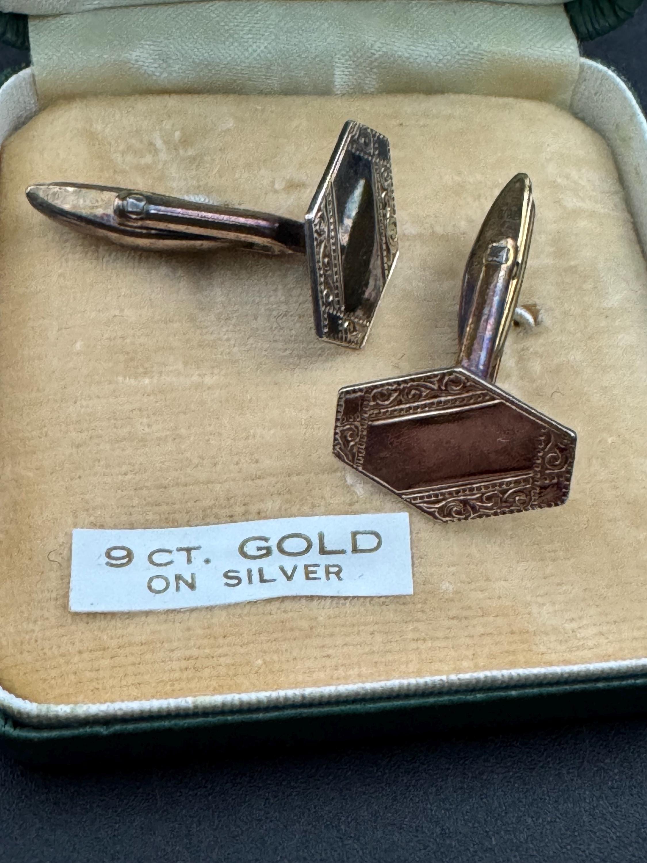 Engine turned art deco mens cufflinks 9ct gold on 925 Sterling Silver