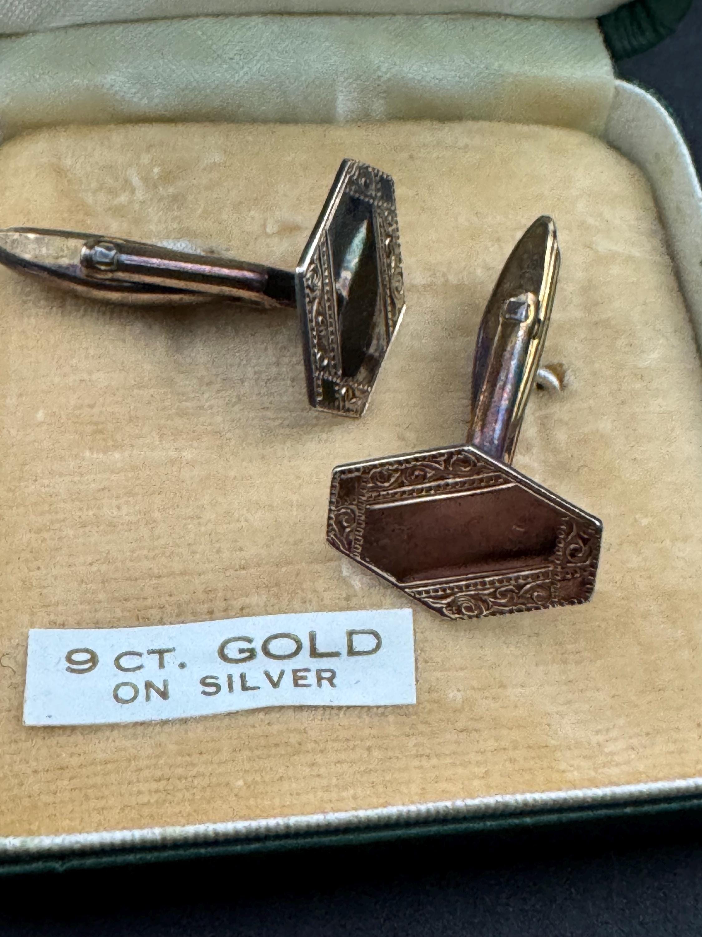 Engine turned art deco mens cufflinks 9ct gold on 925 Sterling Silver
