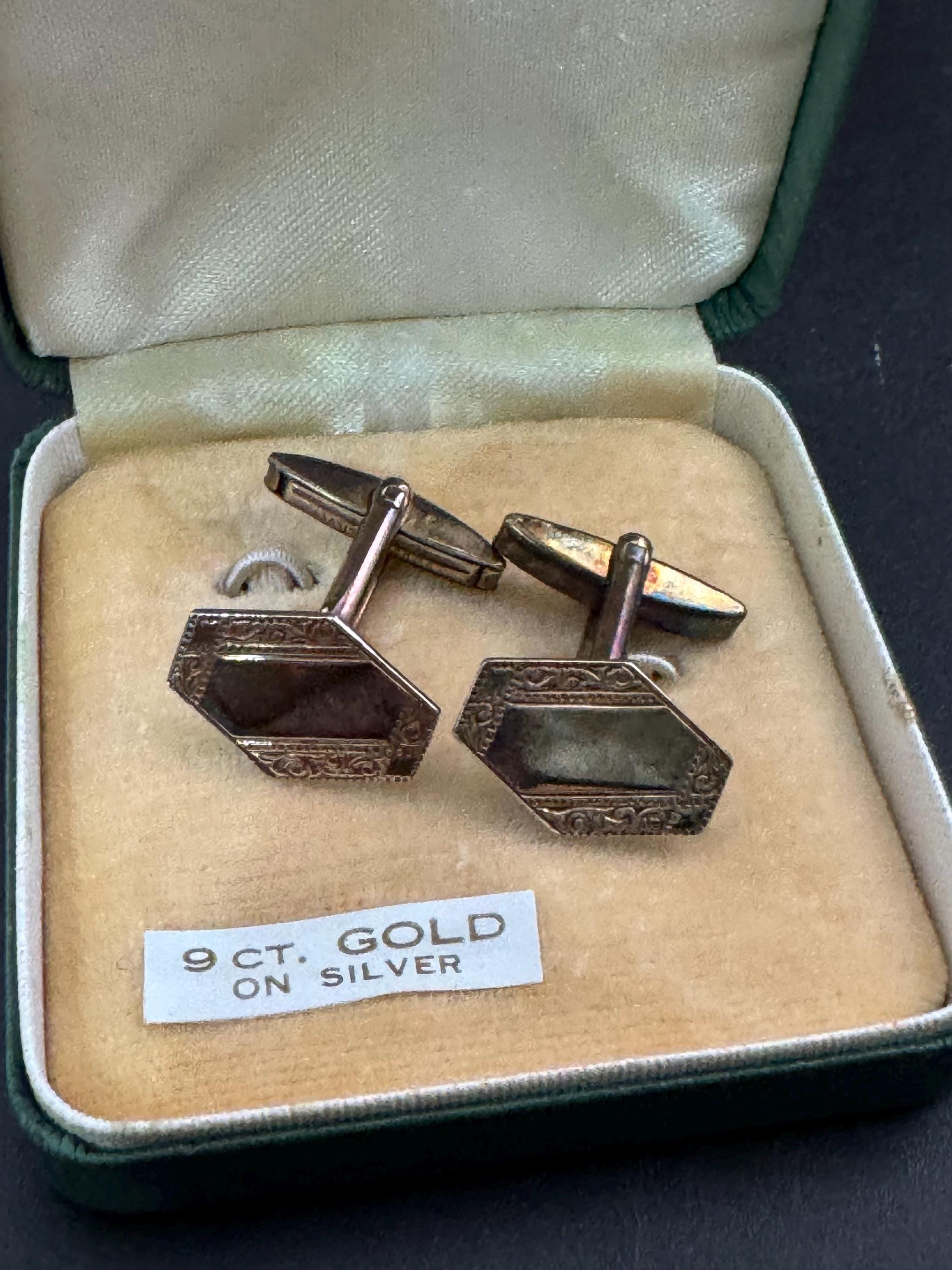 Engine turned art deco mens cufflinks 9ct gold on 925 Sterling Silver