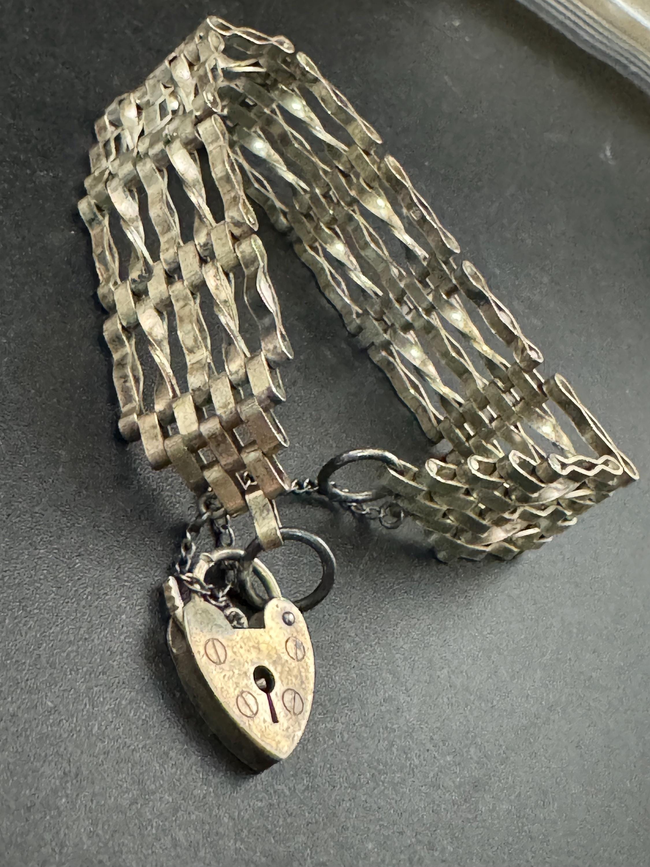 Vintage 925 sterling silver 5 bar gate bracelet with heart padlock and safety chain