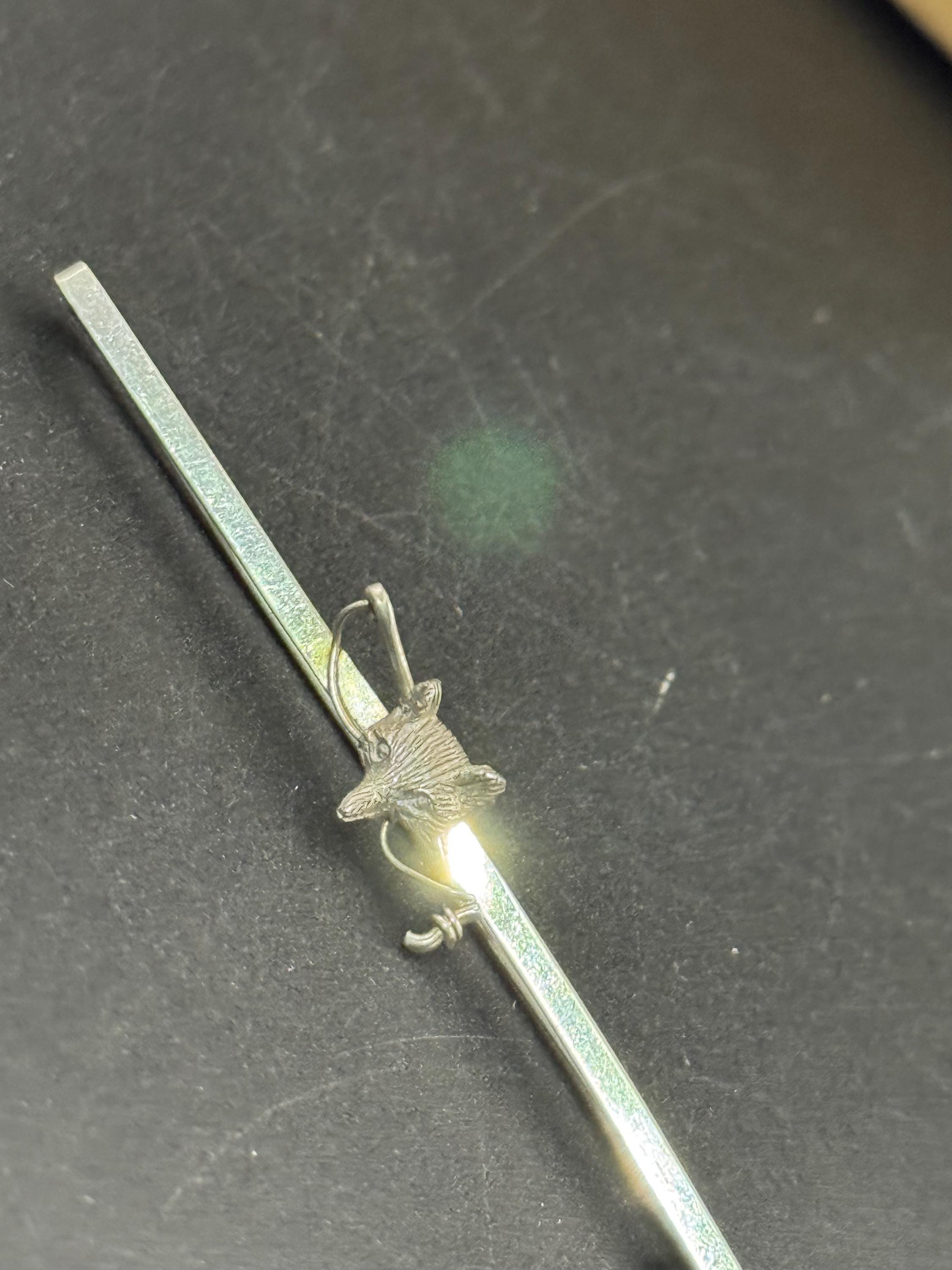 Vintage fox head long bar brooch, 925 sterling silver 7.5cm