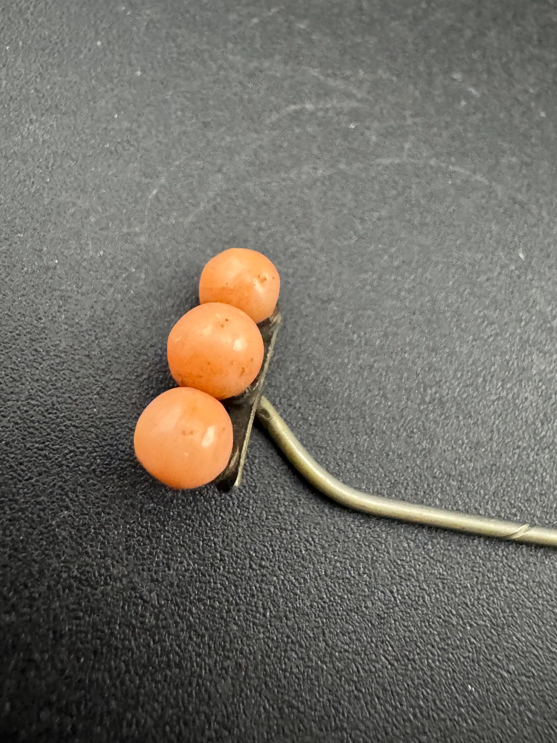 Sterling Silver Antique coral beaded Stick Pin, Victorian Edwardian 1900s 1920s
