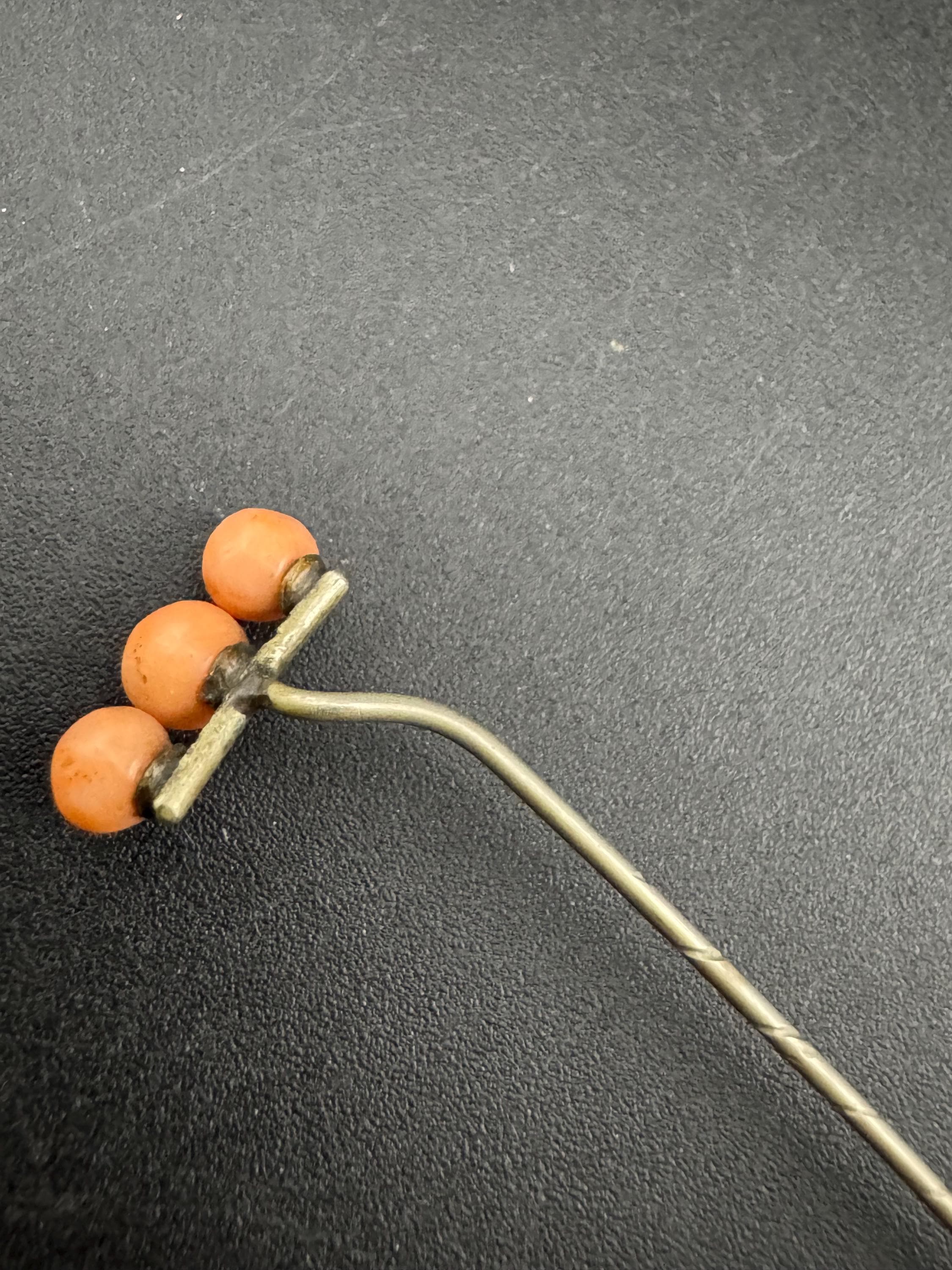 Sterling Silver Antique coral beaded Stick Pin, Victorian Edwardian 1900s 1920s