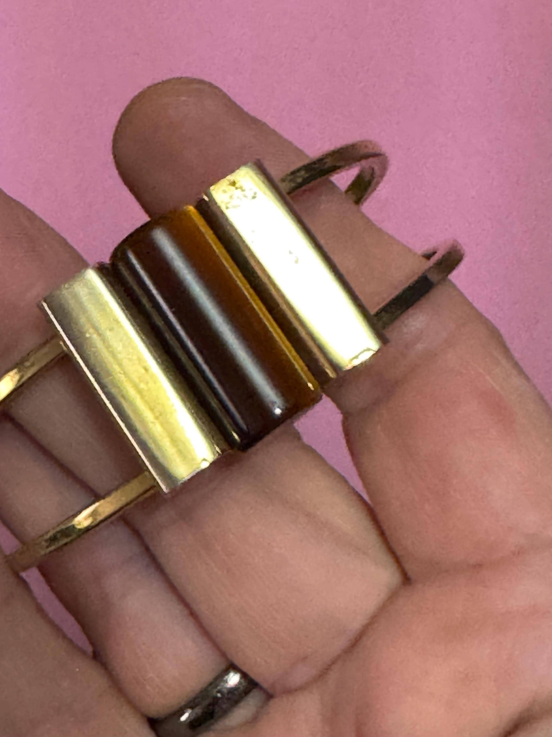 Vintage Art Deco machine age clamper bangle,  brown galalith cylinder Jakob bengal style