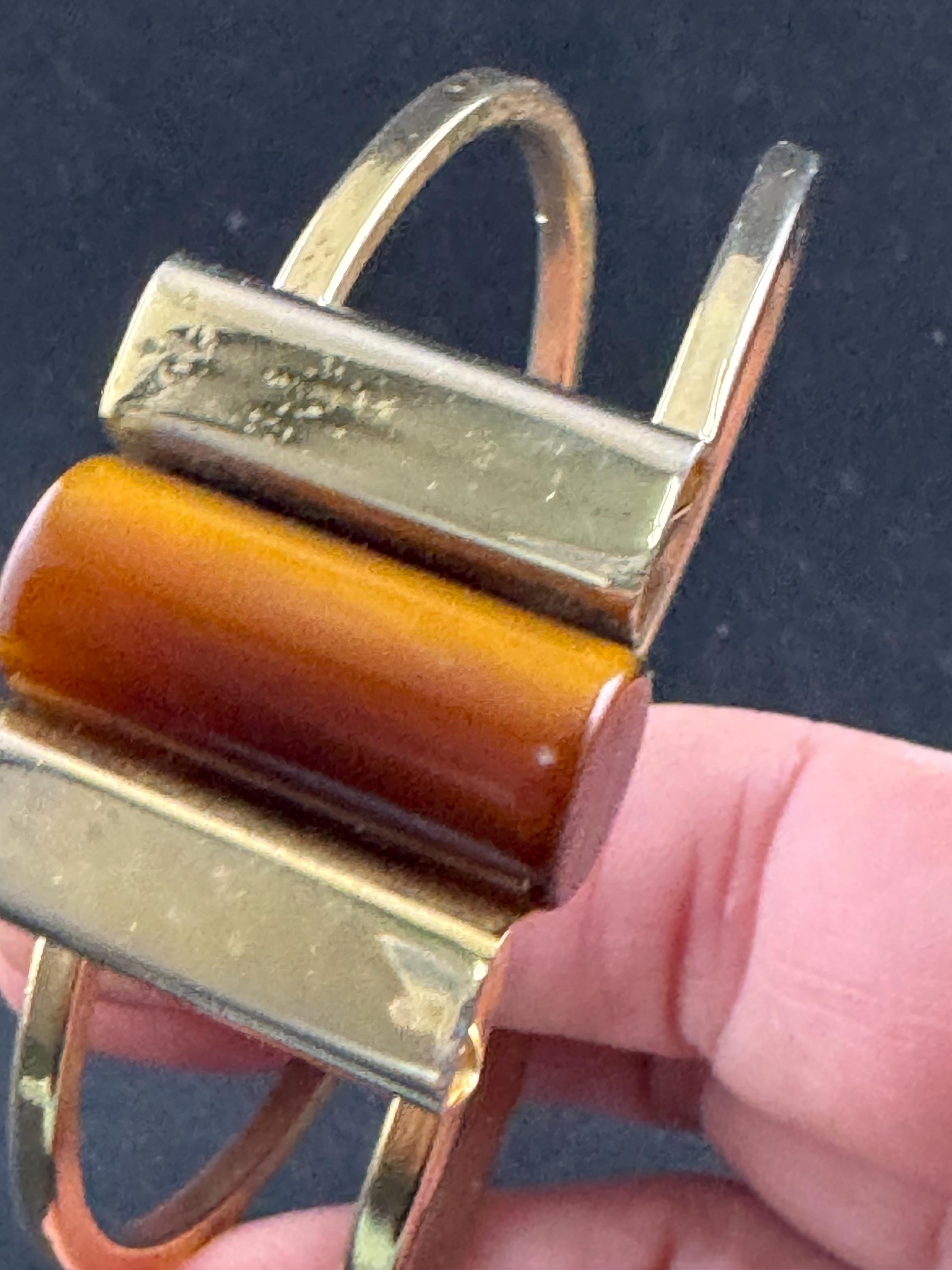 Vintage Art Deco machine age clamper bangle,  brown galalith cylinder Jakob bengal style