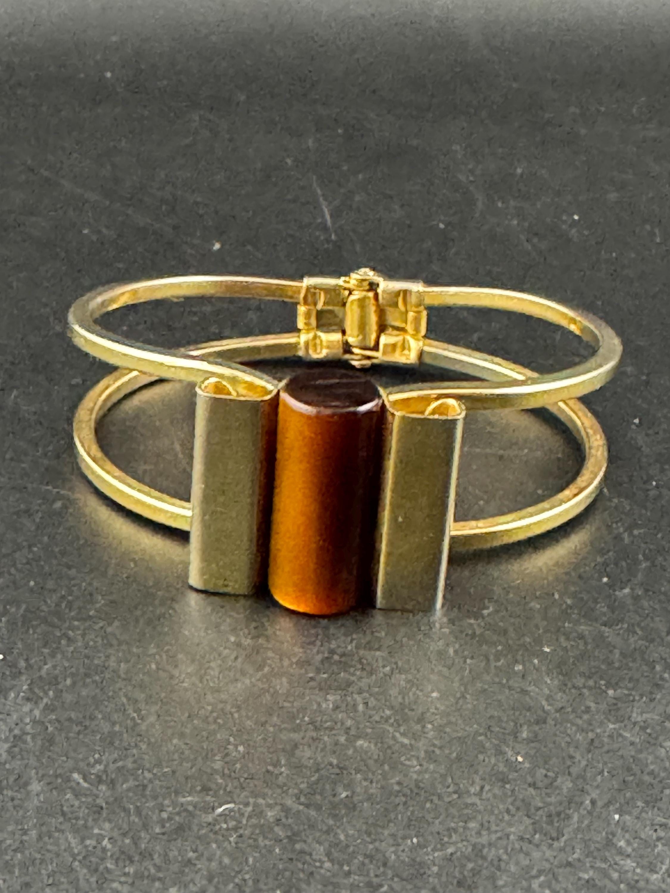 Vintage Art Deco machine age clamper bangle,  brown galalith cylinder Jakob bengal style