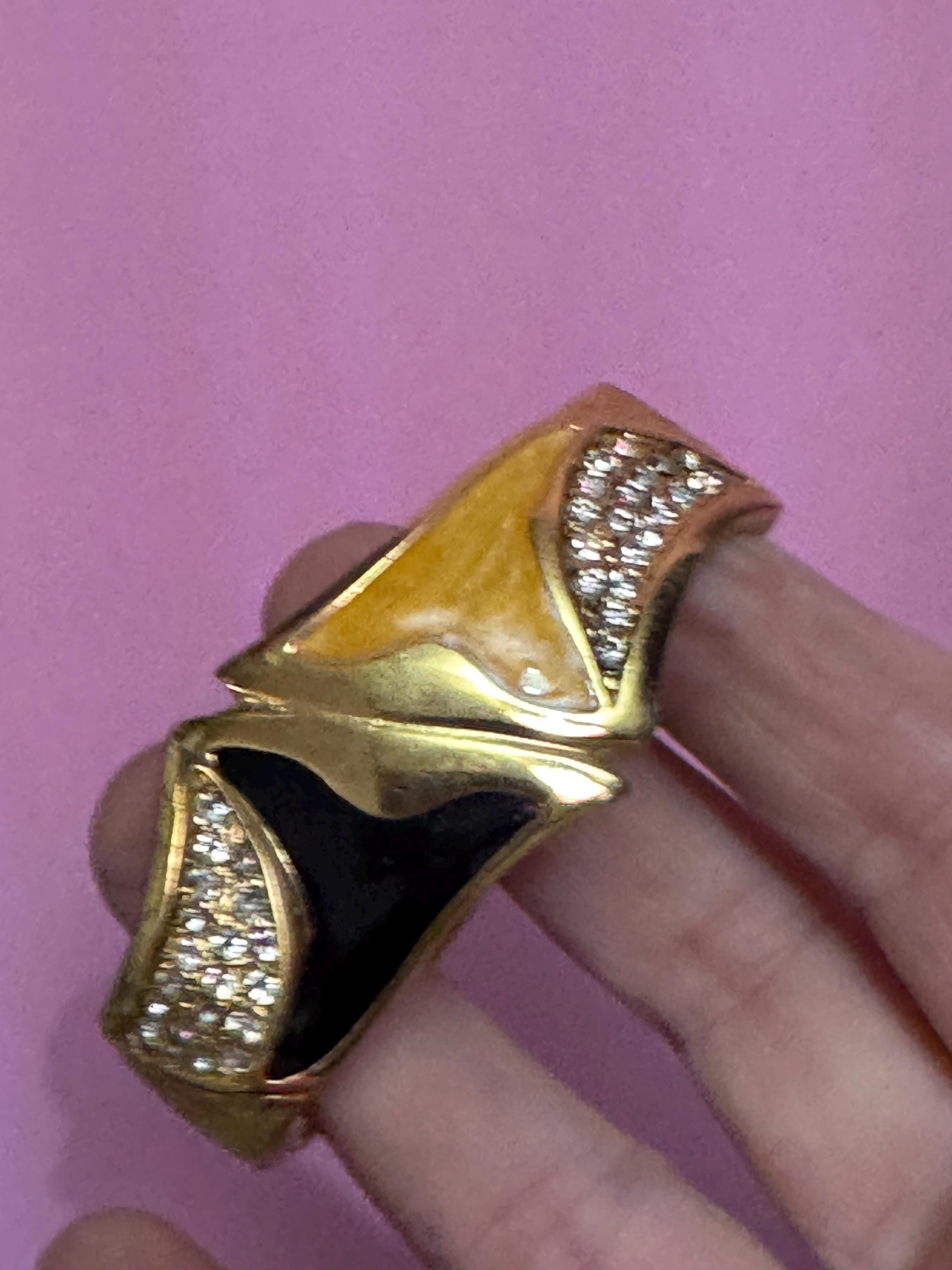 Vintage black gold enamel hinged clamper bangle , rhinestones 80s