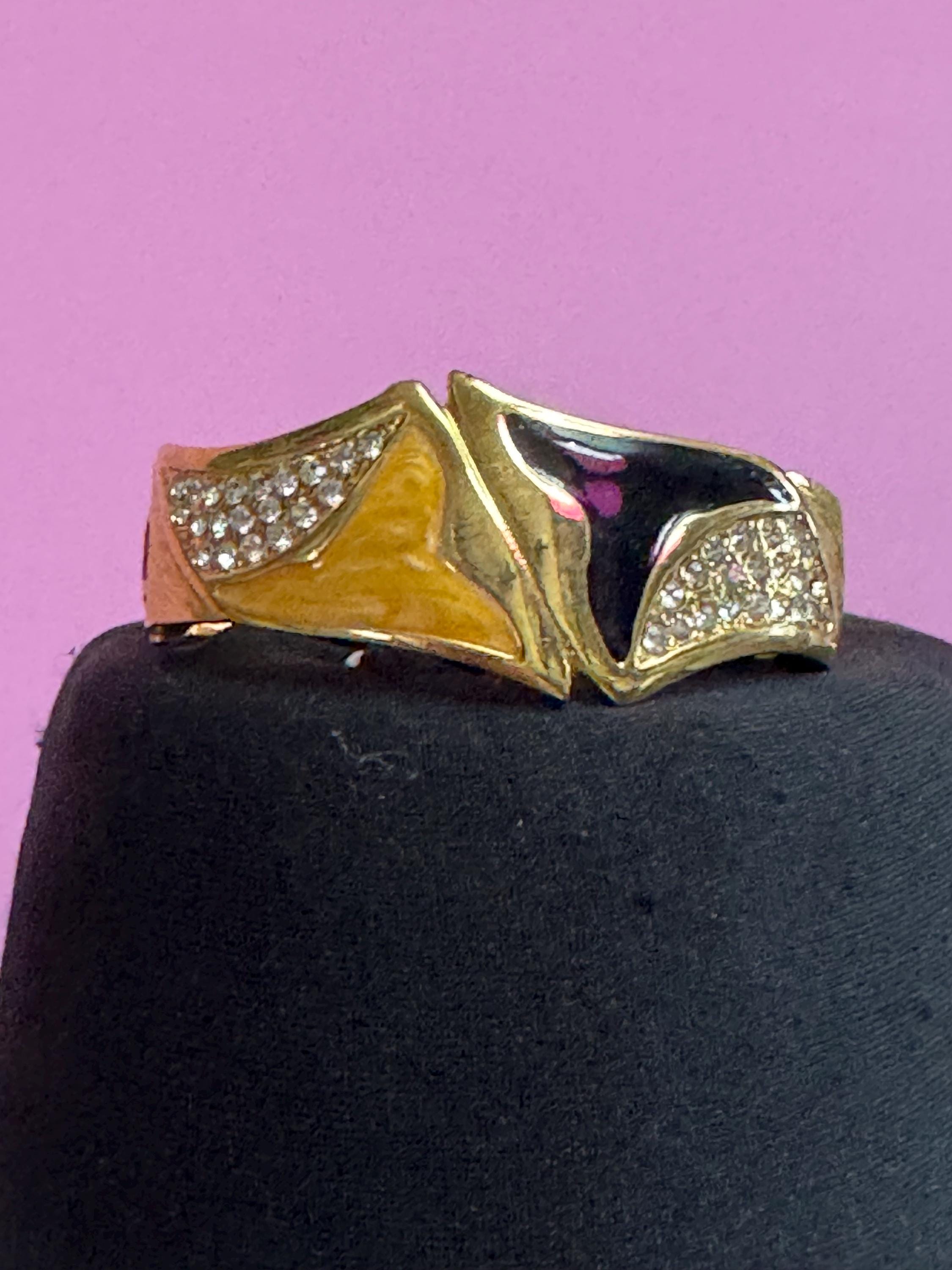 Vintage black gold enamel hinged clamper bangle , rhinestones 80s