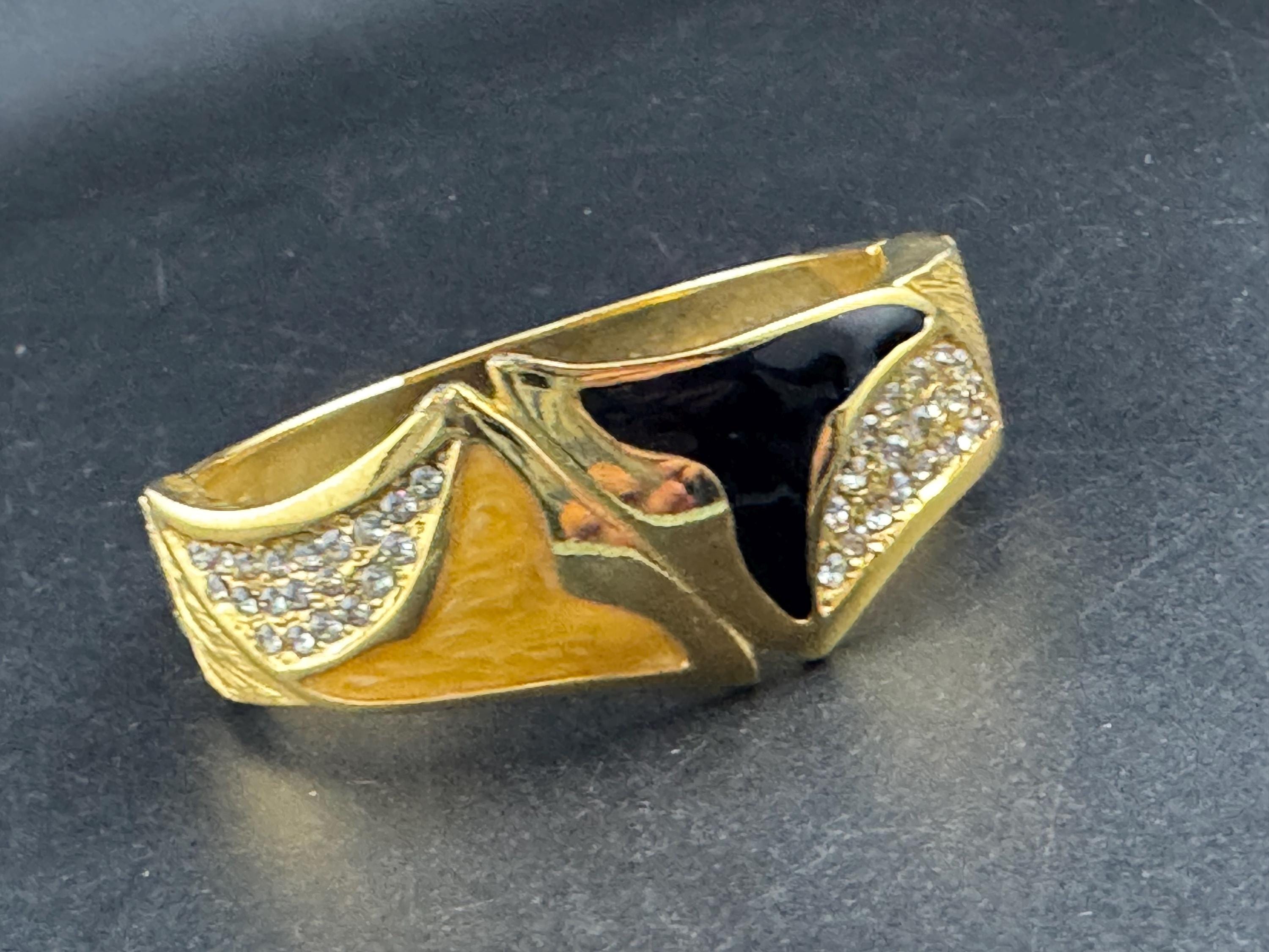 Vintage black gold enamel hinged clamper bangle , rhinestones 80s