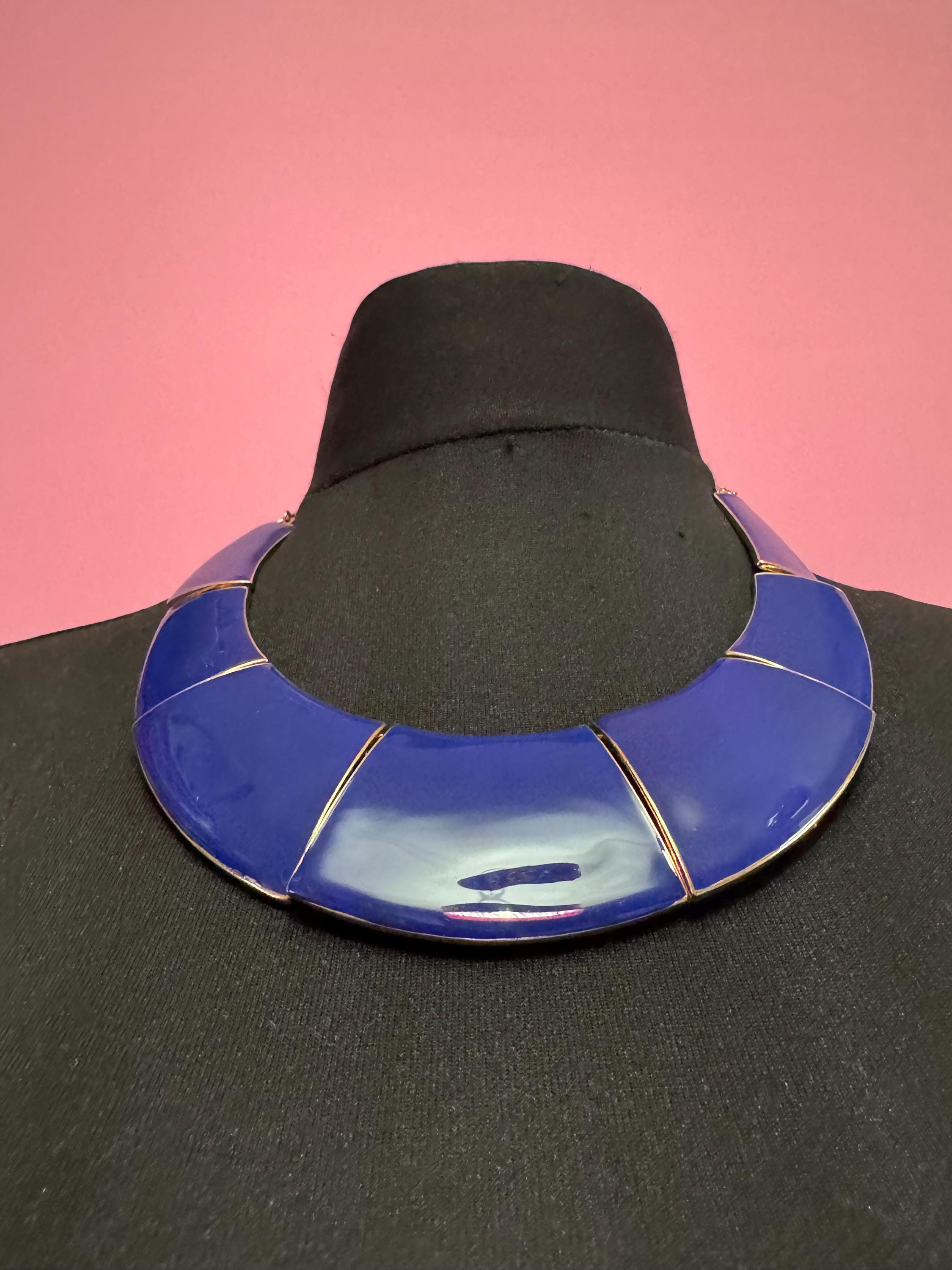 Blue Enamel wide Choker: Vintage Gold Tone chain necklace