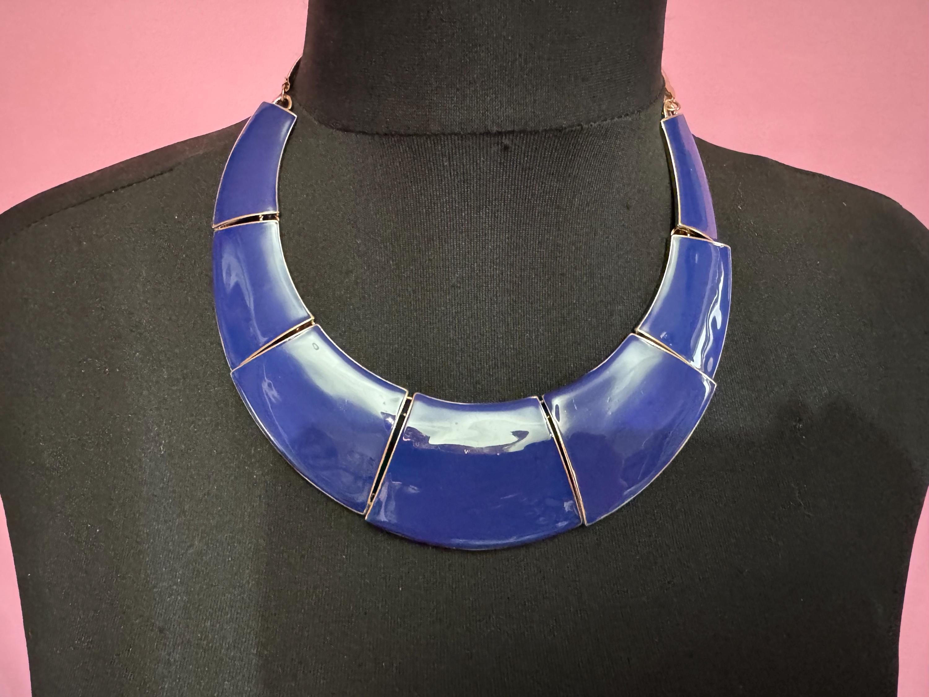 Blue Enamel wide Choker: Vintage Gold Tone chain necklace