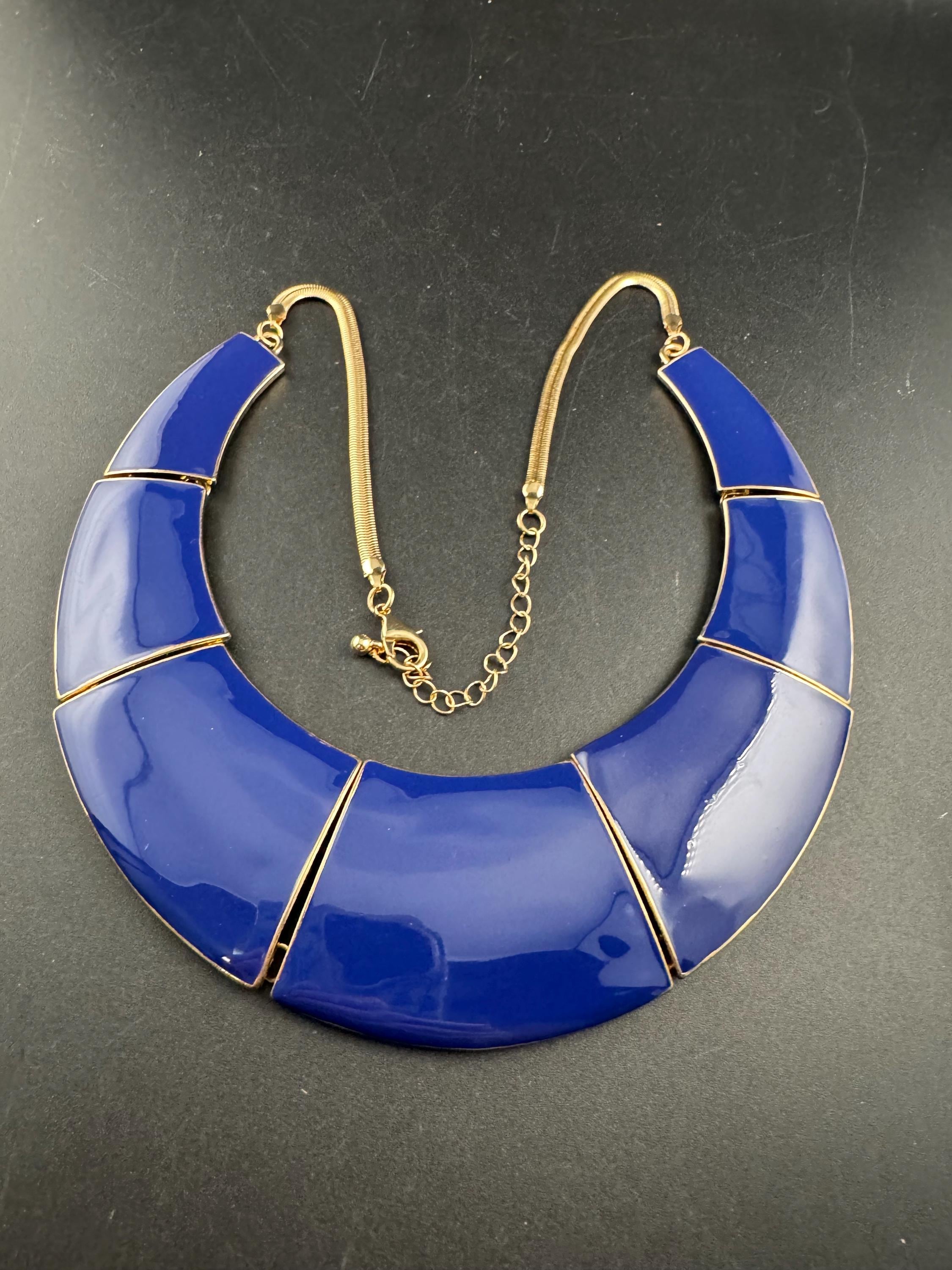 Blue Enamel wide Choker: Vintage Gold Tone chain necklace