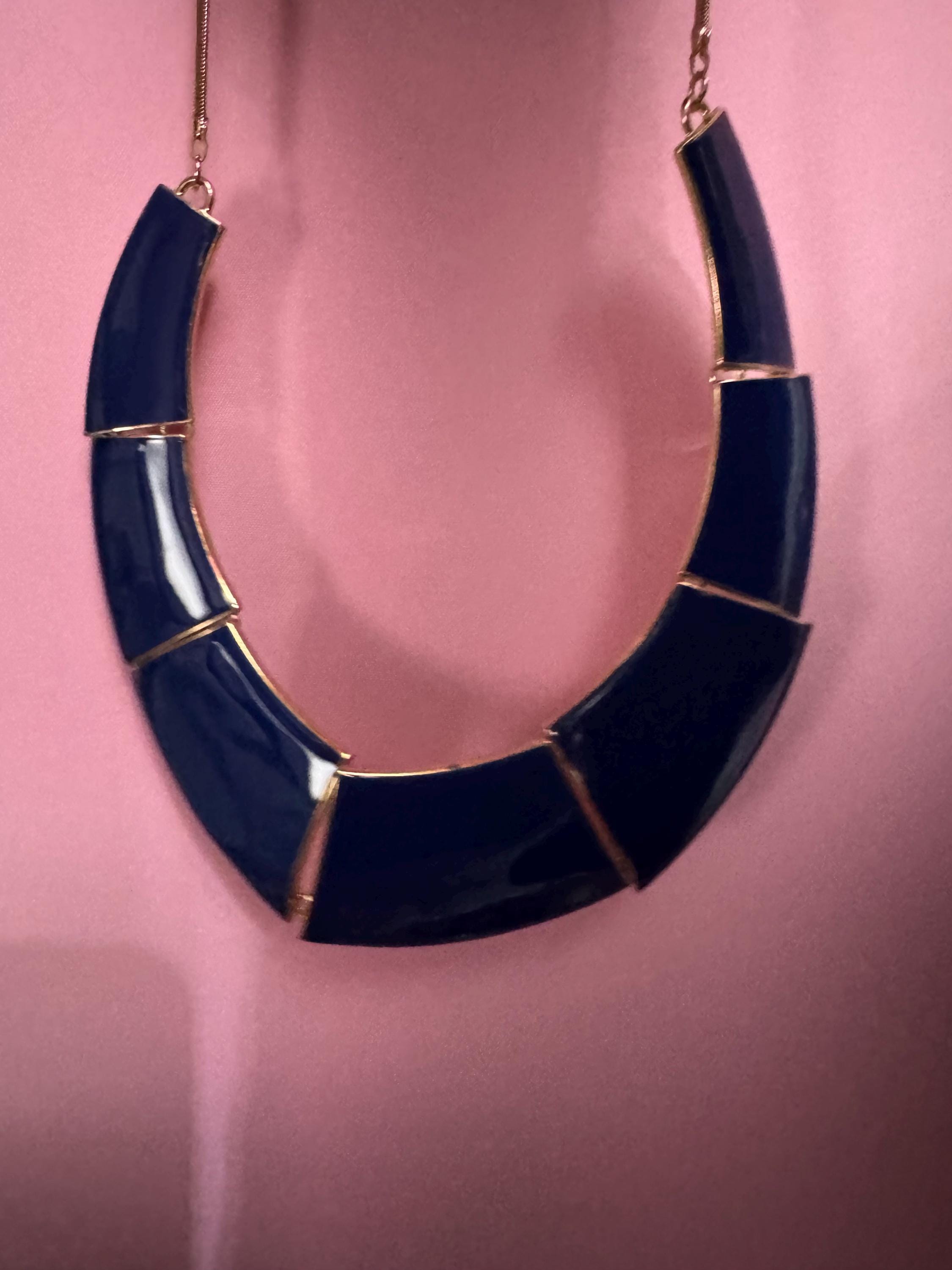 Blue Enamel wide Choker: Vintage Gold Tone chain necklace