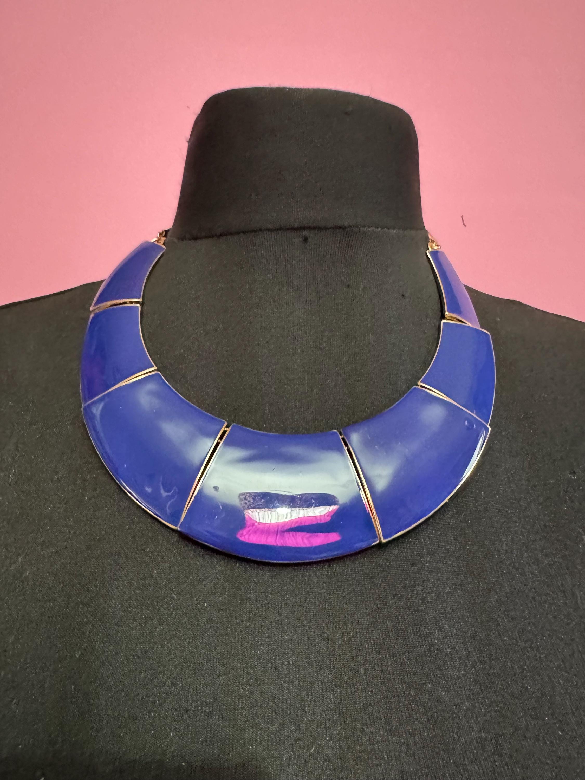 Blue Enamel wide Choker: Vintage Gold Tone chain necklace