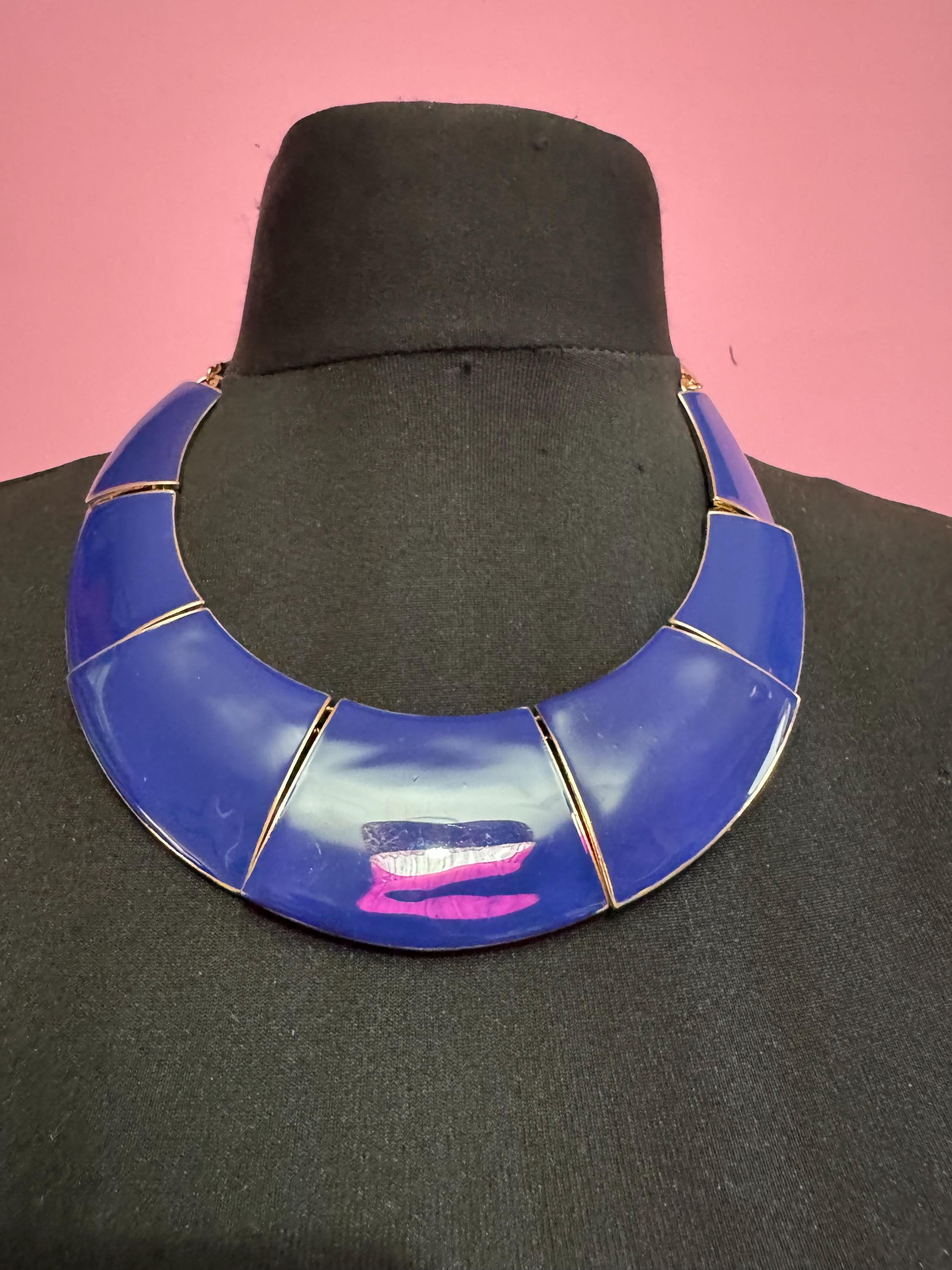 Blue Enamel wide Choker: Vintage Gold Tone chain necklace