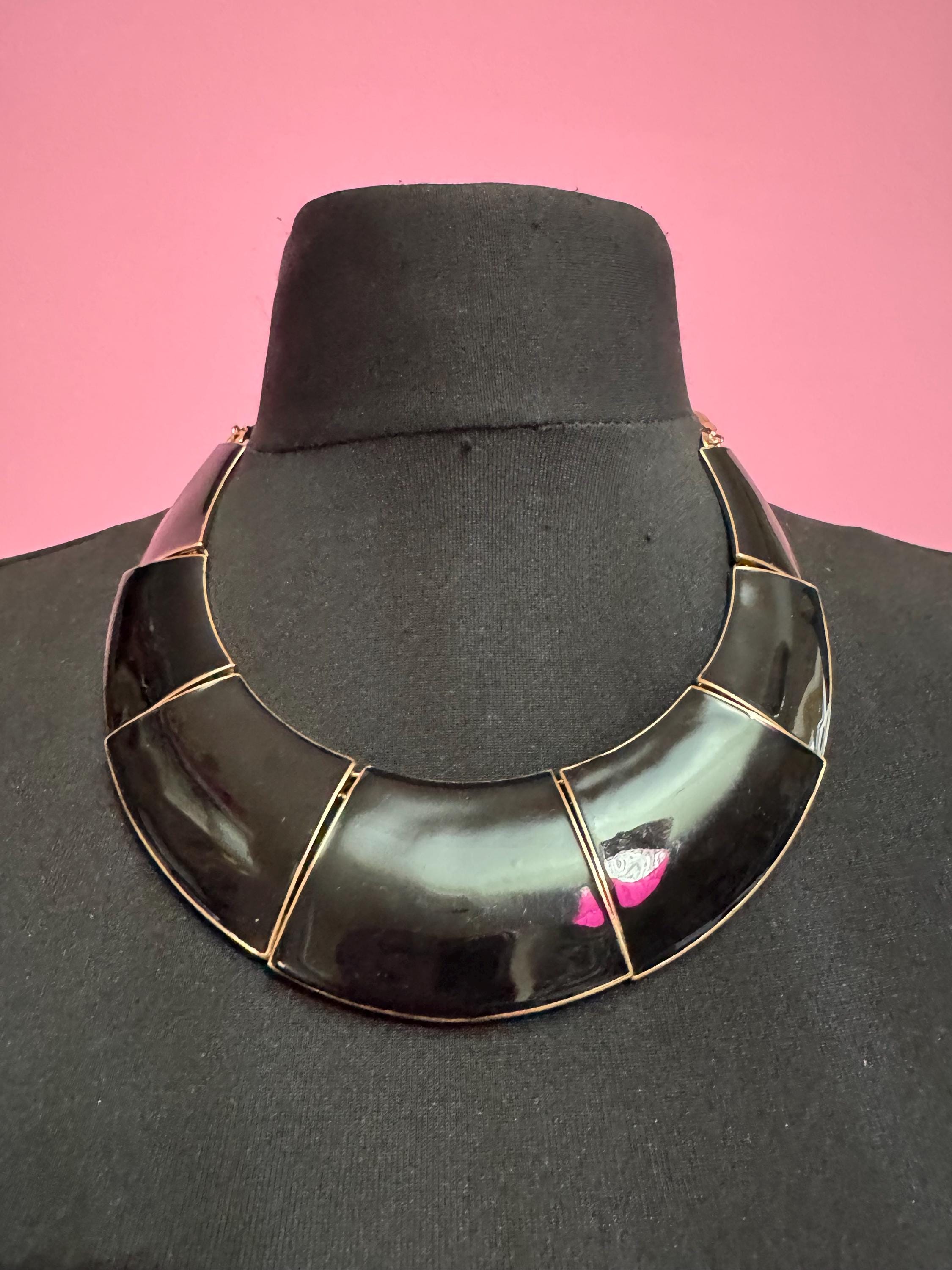 Black Enamel wide Choker: Vintage Gold Tone chain necklace