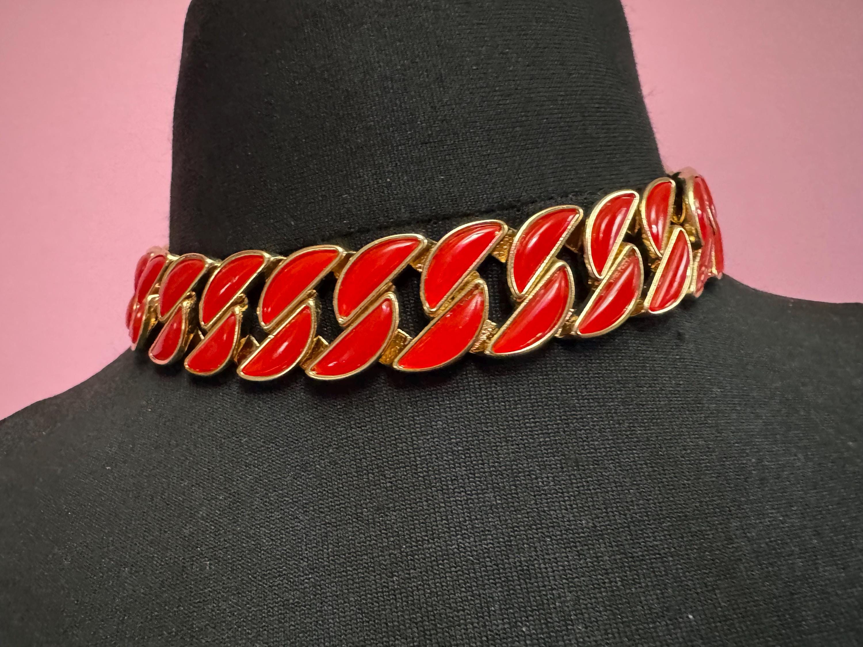 Vintage Red enamel curb chain choker , gold tone necklace